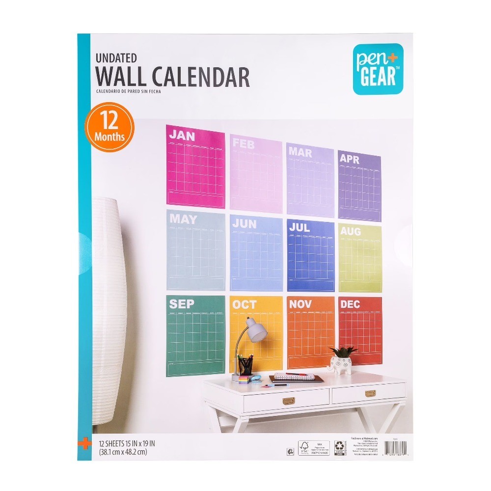 Undated Monthly Wall Calendar 15×19 Inch Large Rainbow 4 Pack