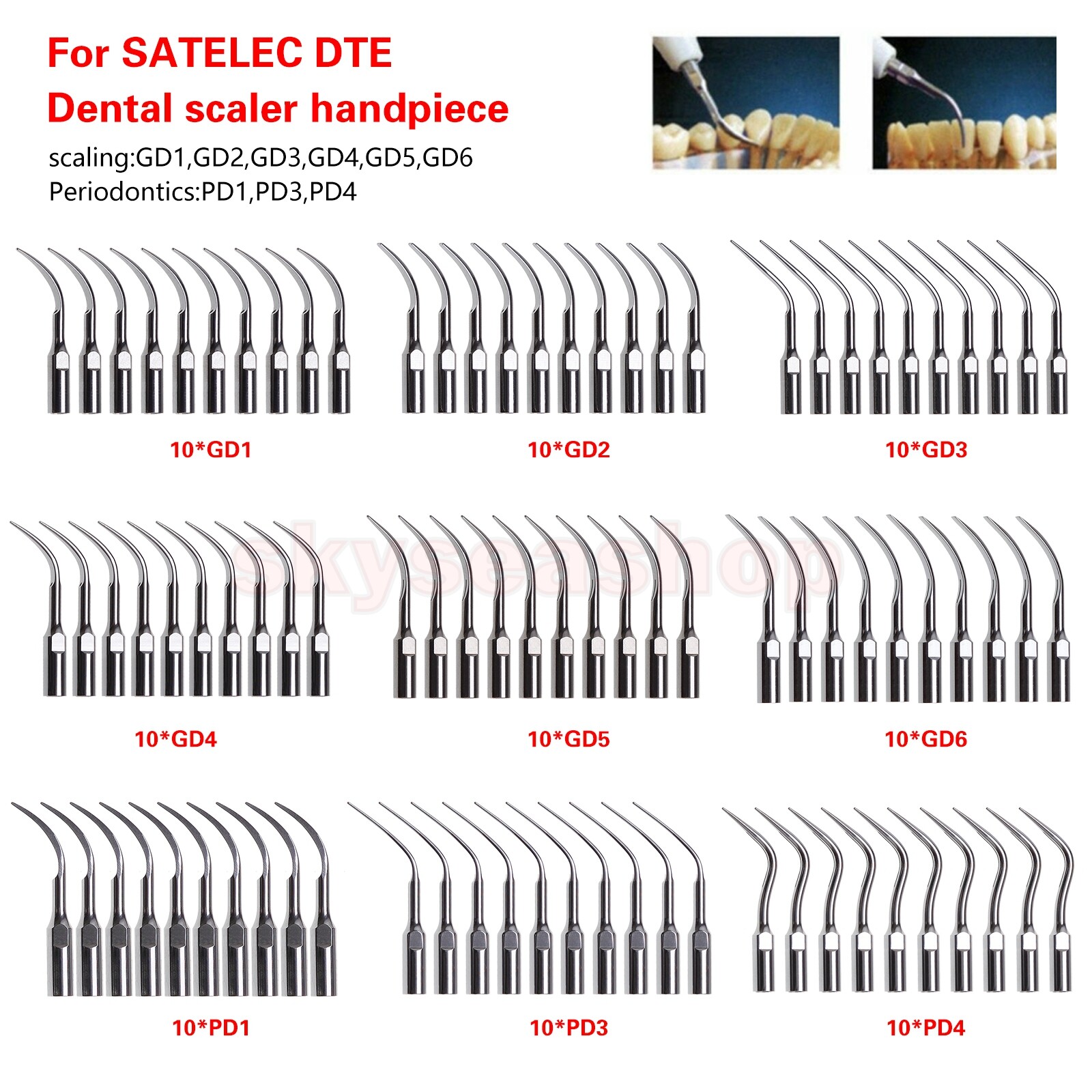 10× Dental Ultrasonic Piezo Scaler Tips fit Woodpecker EMS DTE SATELEC Handpiece