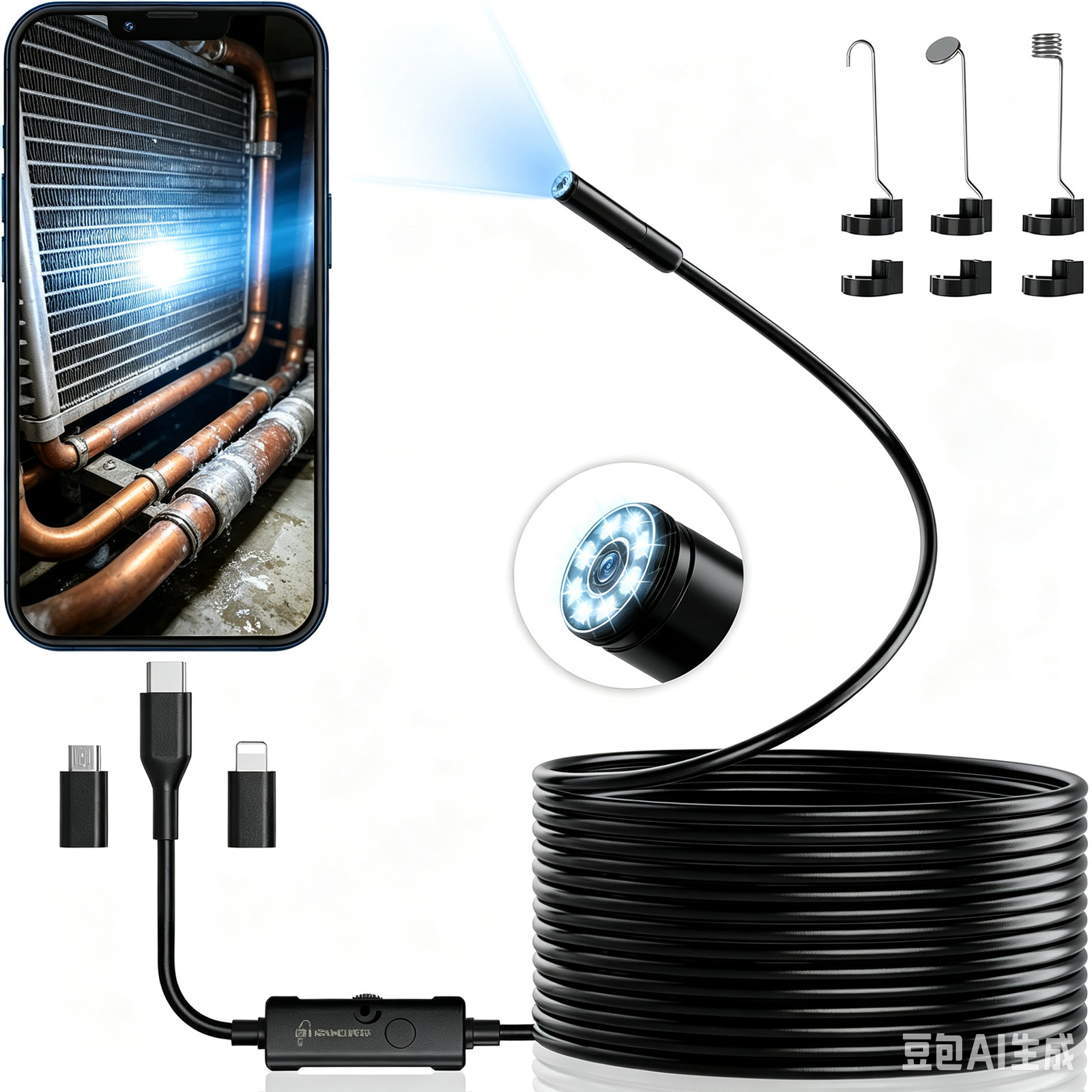 16.4ft Endoscope Camera with Light, 1920P HD Borescope Camera with 8 LED Lights