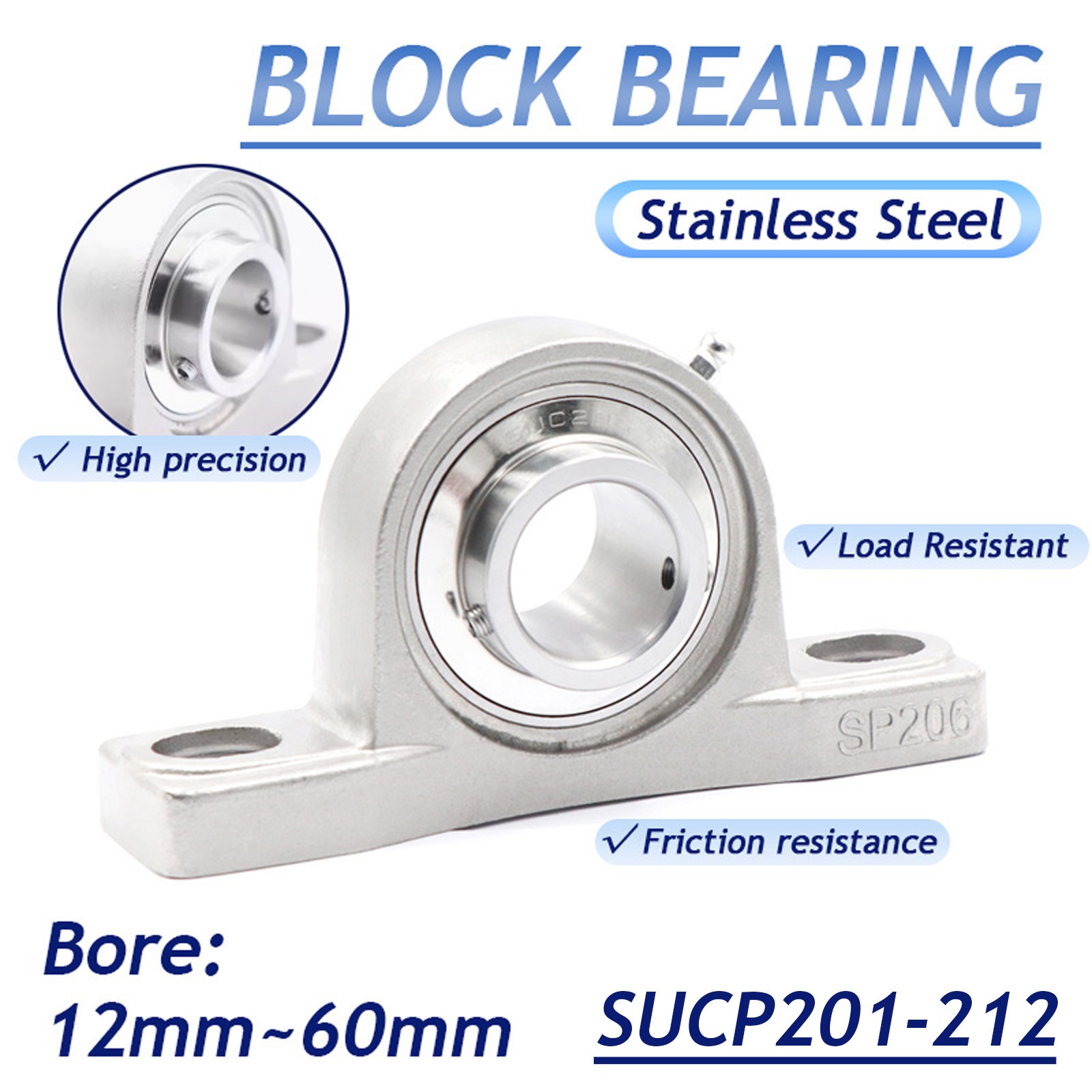Stainless Steel SUCP201-212 Pillow Block Bearing 12~60mm Bore 2 Bolt Solid Base