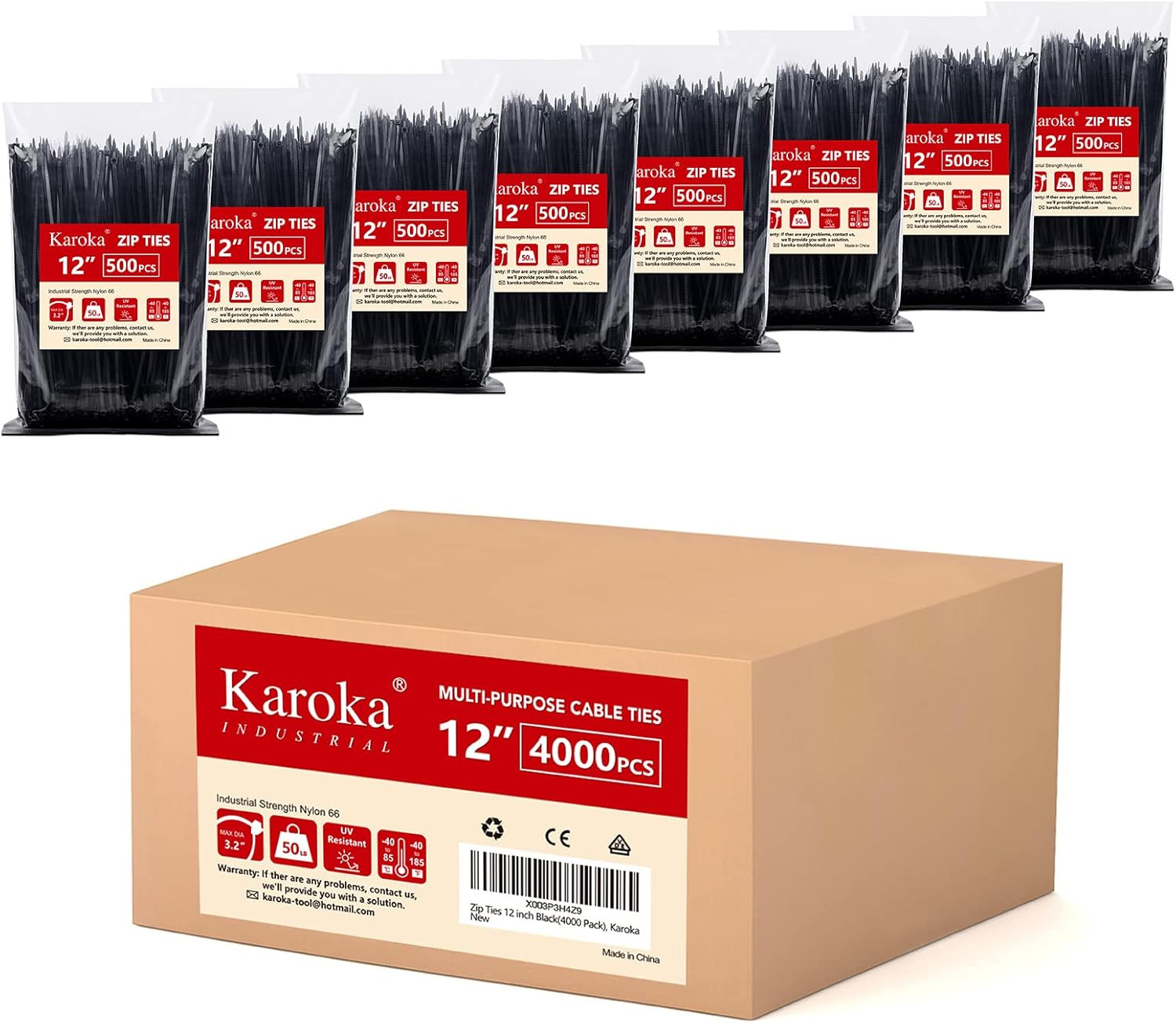 Zip Ties 12 Inch (4000 Pack), Black, 50Lbs Tensile Strength, UV Resistant Cable