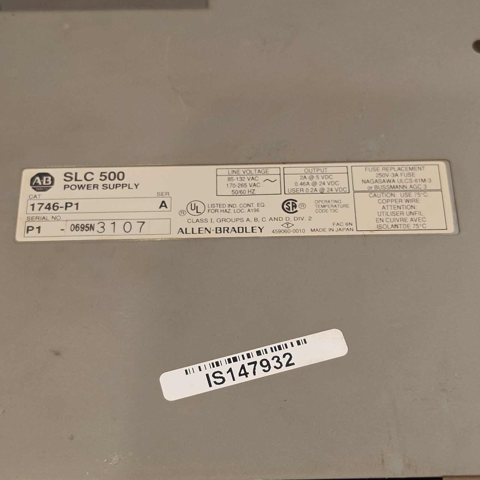 Allen-Bradley SLC 500 PLC Power Supply 1746-P1, Chasis 1746-A4, CPU 1747-L532