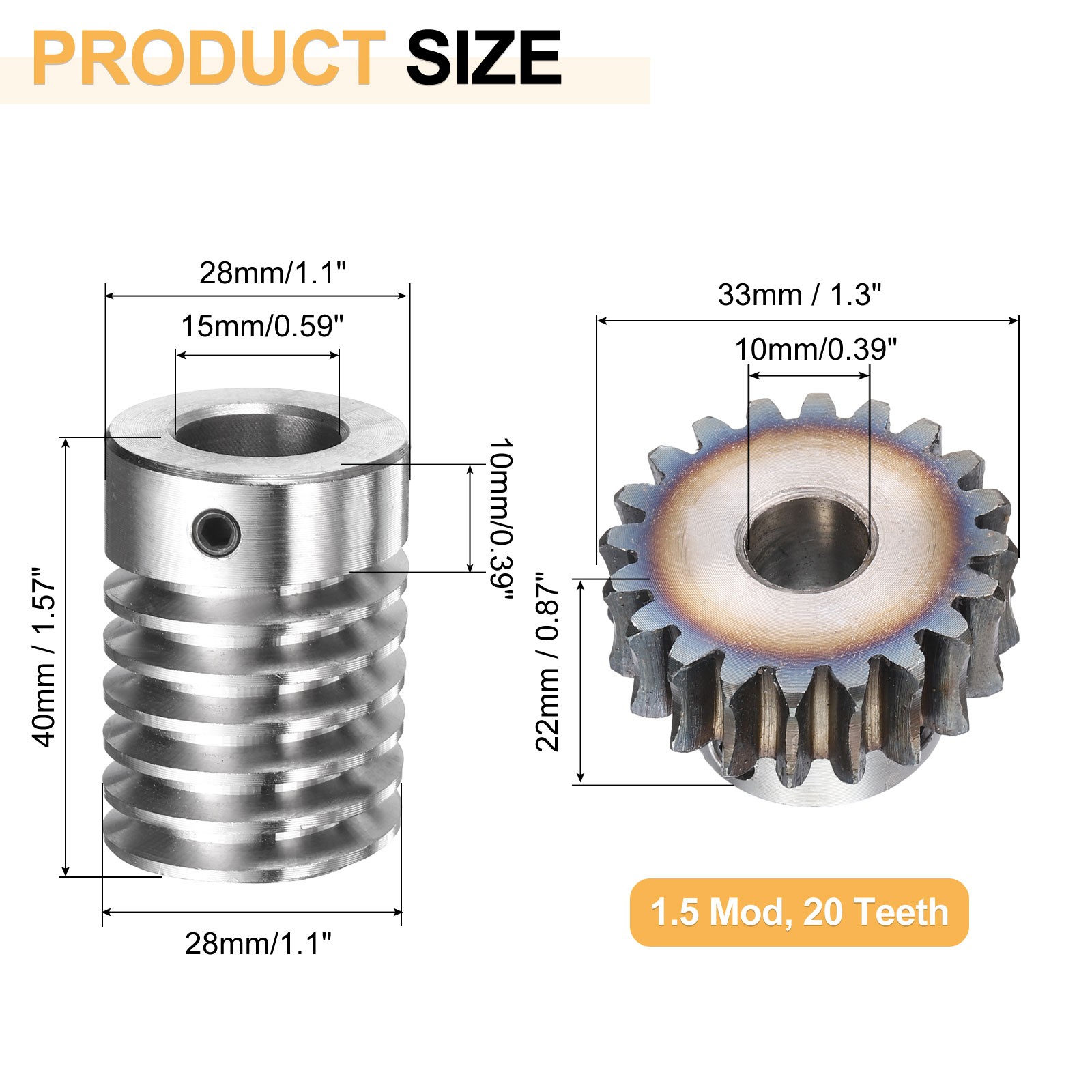 Worm Gear Set 1.5 Module 20:1 Reduction Rate Gear-10mm ID 33mm OD, Rod 15mm Bore