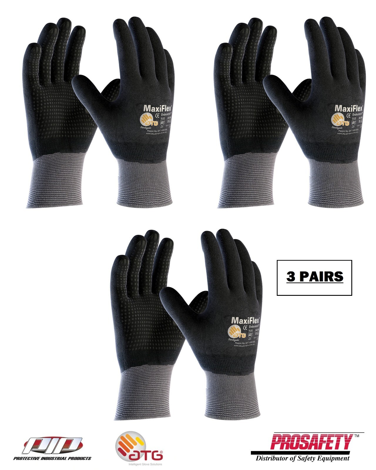 PIP 34-846 ATG MaxiFlex Micro Foam Nitrile Grip WORK GLOVES Dotted Palms 3 PAIR