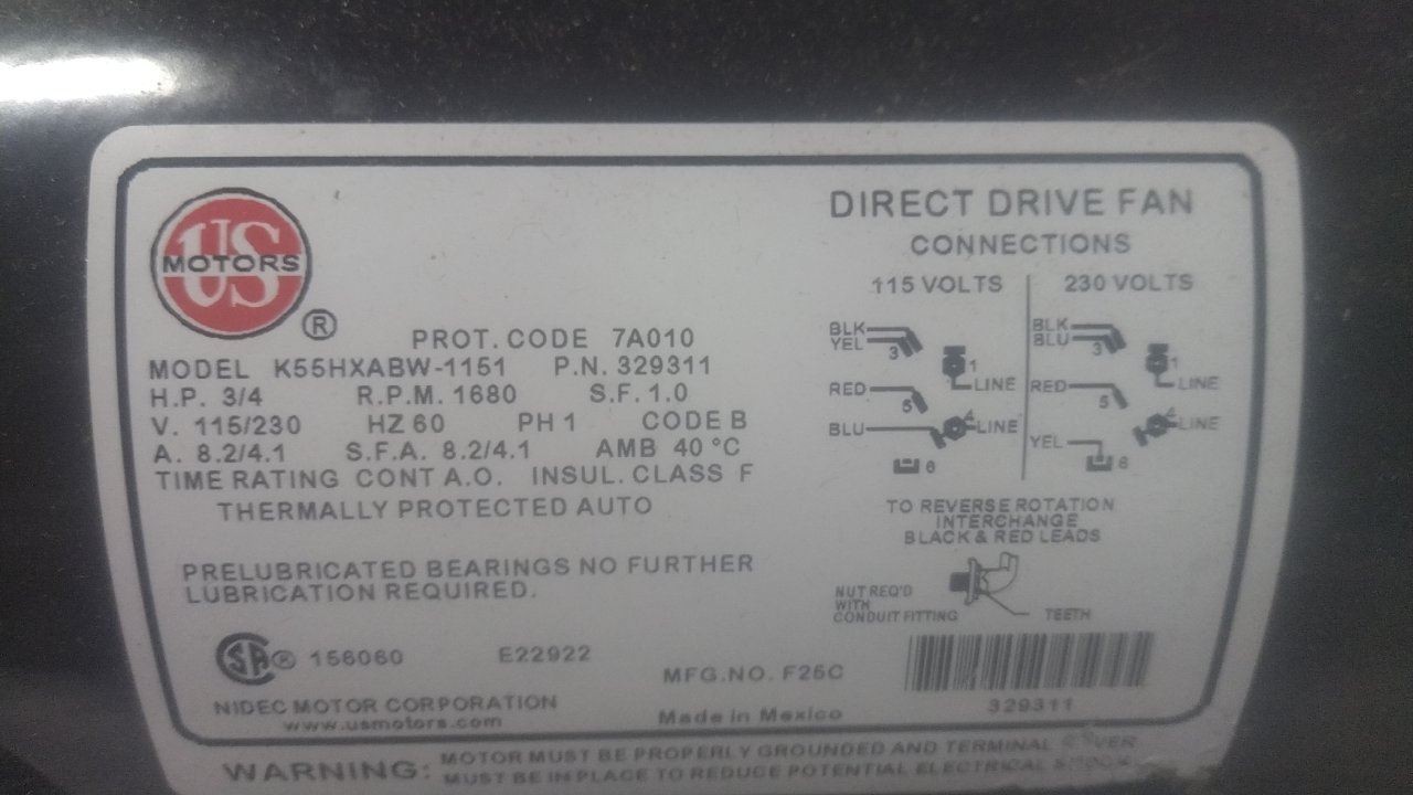 US Motors F25C 3/4 HP 1680 RPM 115/230VAC Direct Drive Blower Motor