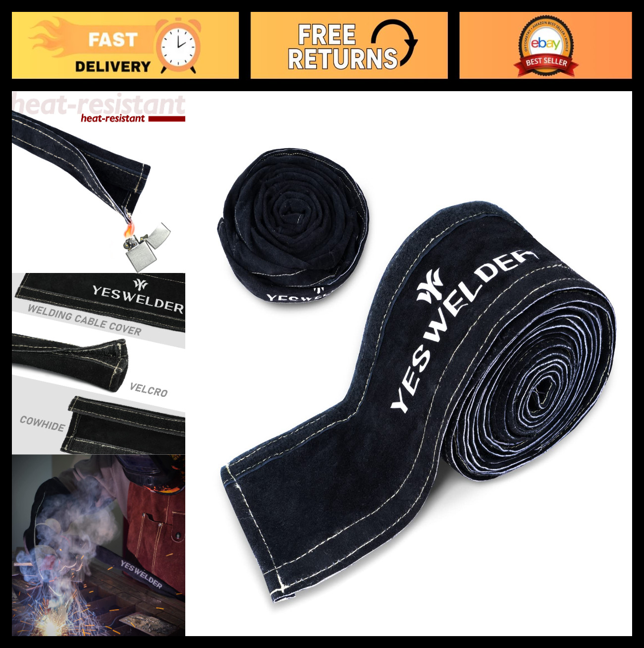 Flame Resistant Leather TIG Welding Torch Cable Cover – 25ft (7.6m) Black Sleeve