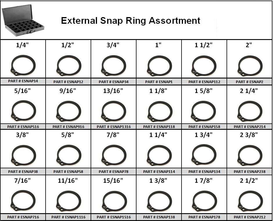 External Snap Rings Assortment in 24 Hole Metal Locking Tray