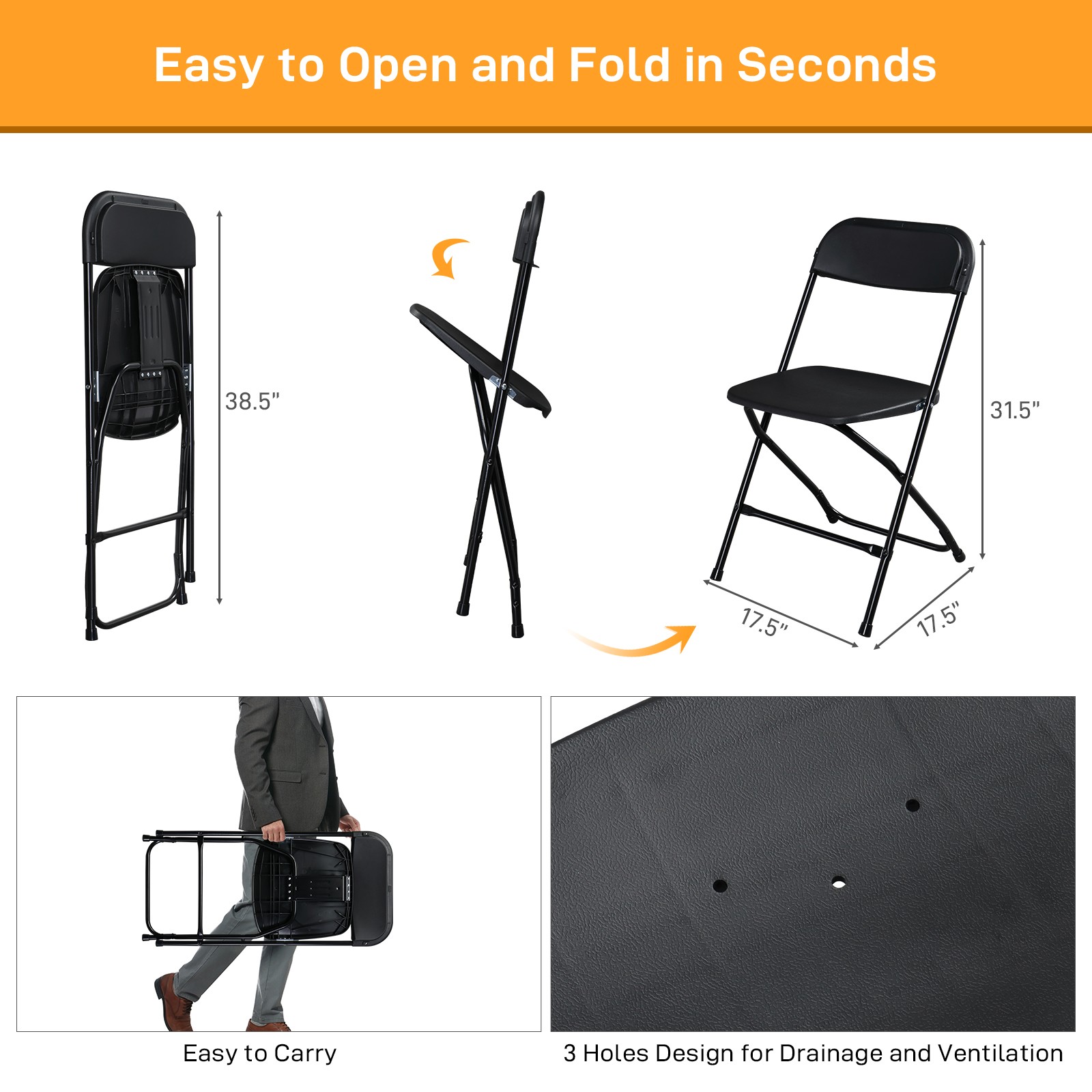 12 PCS Folding Plastic Chair Wedding Party Outdoor Indoor 360 LBS Capacity Black