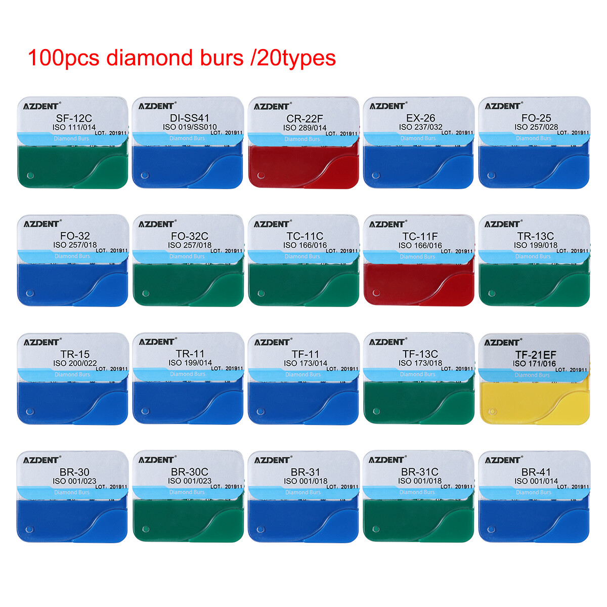 100pcs AZDENT Dental Diamond Burs for High Speed Handpiece Medium 20Models