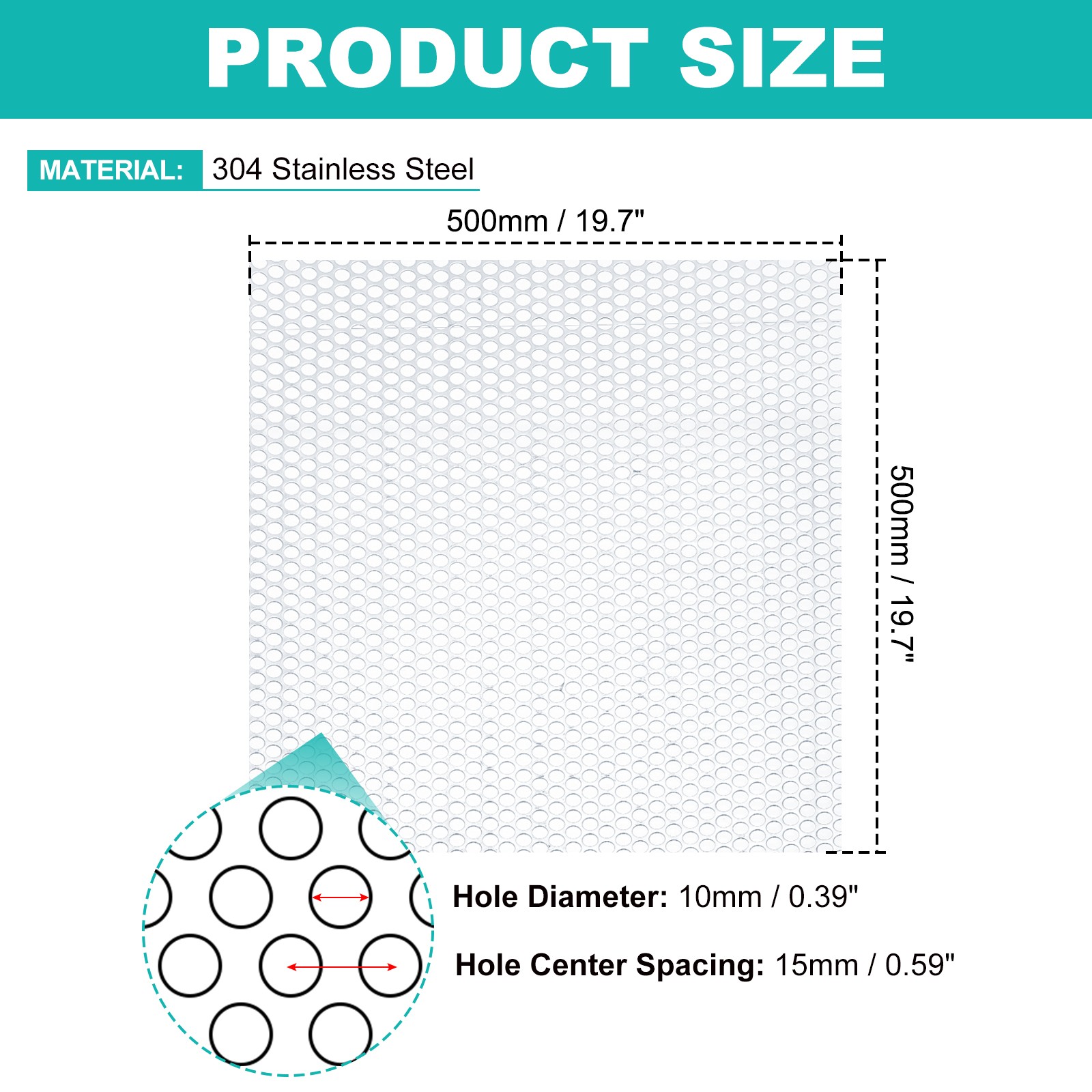 19.7″x19.7″ 304 Stainless Steel Perforated Sheet 0.39″ Hole Mesh Plate