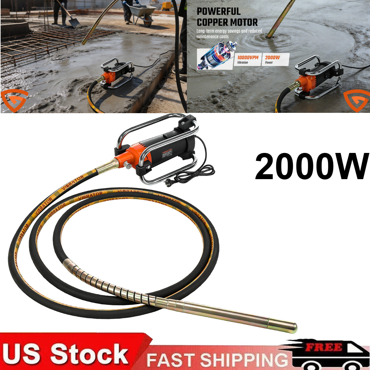 Portable Electric Concrete Vibrator 2000W 14-3/4 Ft Poker to Remove Air Bubbles