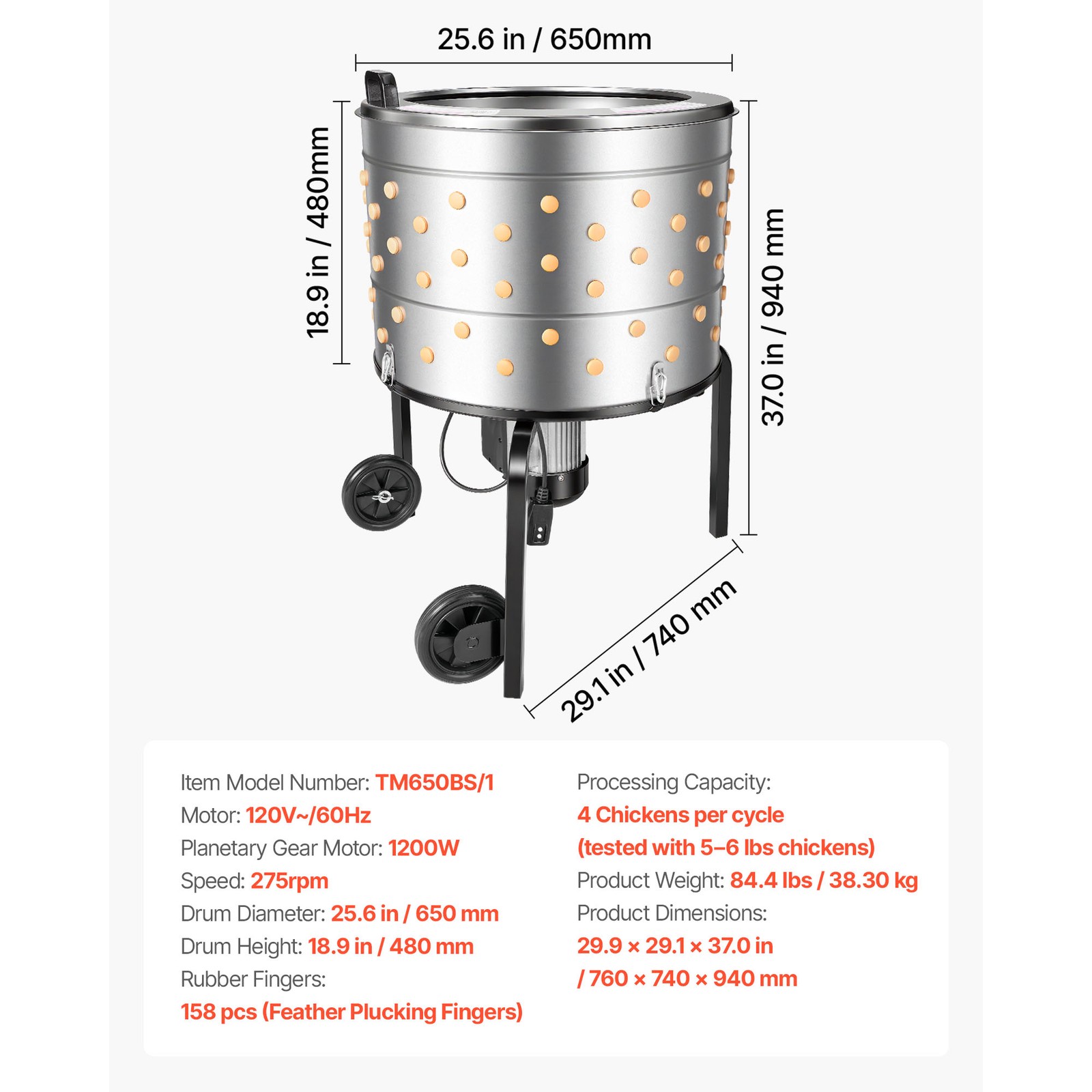 Uimoso 25.6″ Electric Poultry Plucker Machine 1200W, 275RPM, 158 Fingers, Wheels