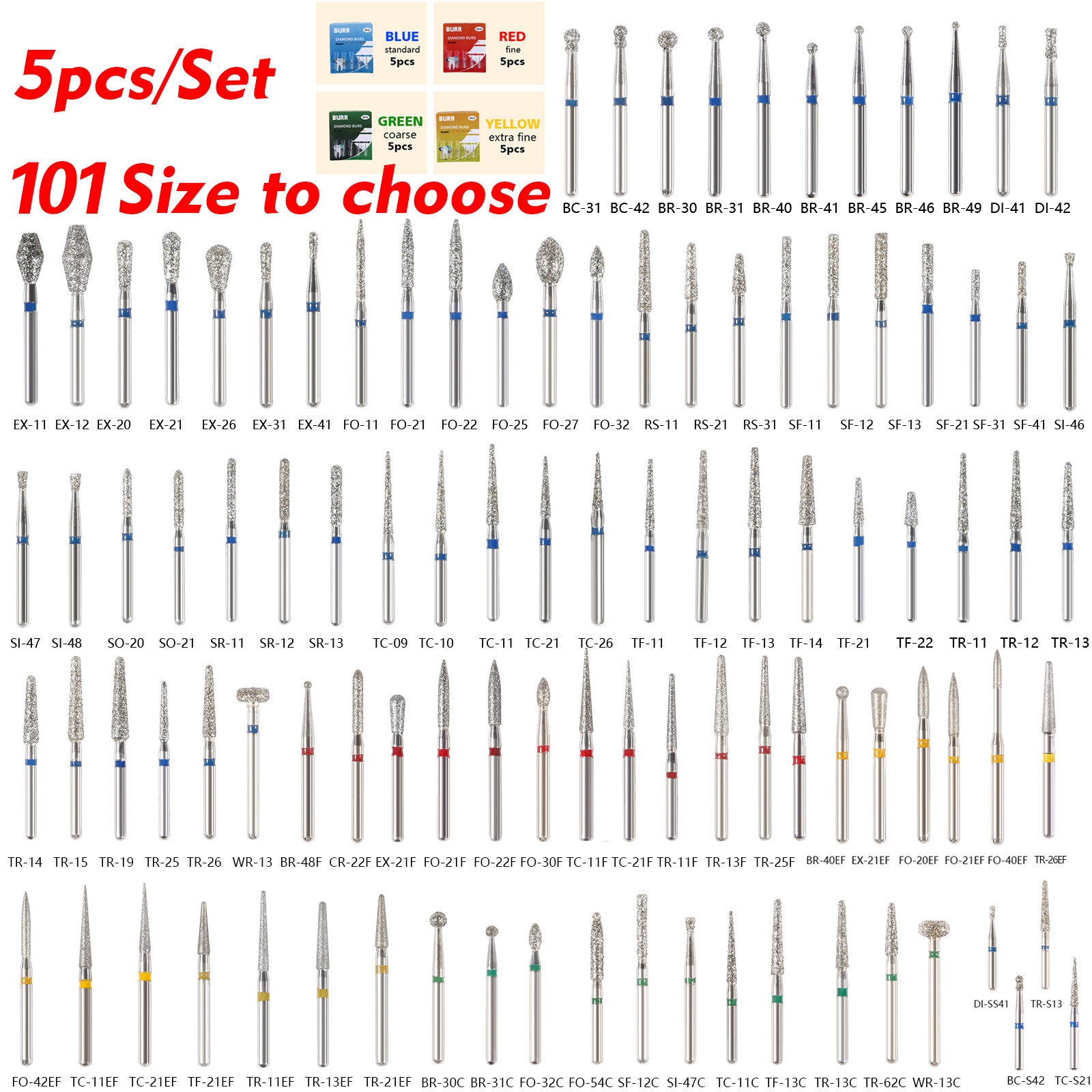 100 Types Dental FG Diamond Burs For High Speed Handpiece Friction Grip