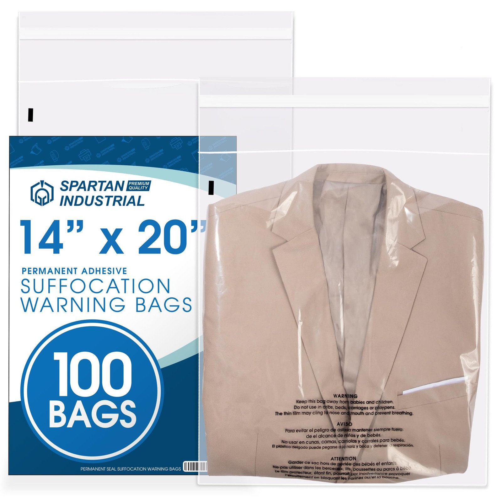 Spartan Industrial – 14” X 20” (100 Count) Self Seal Clear Poly Bags with Suffoc
