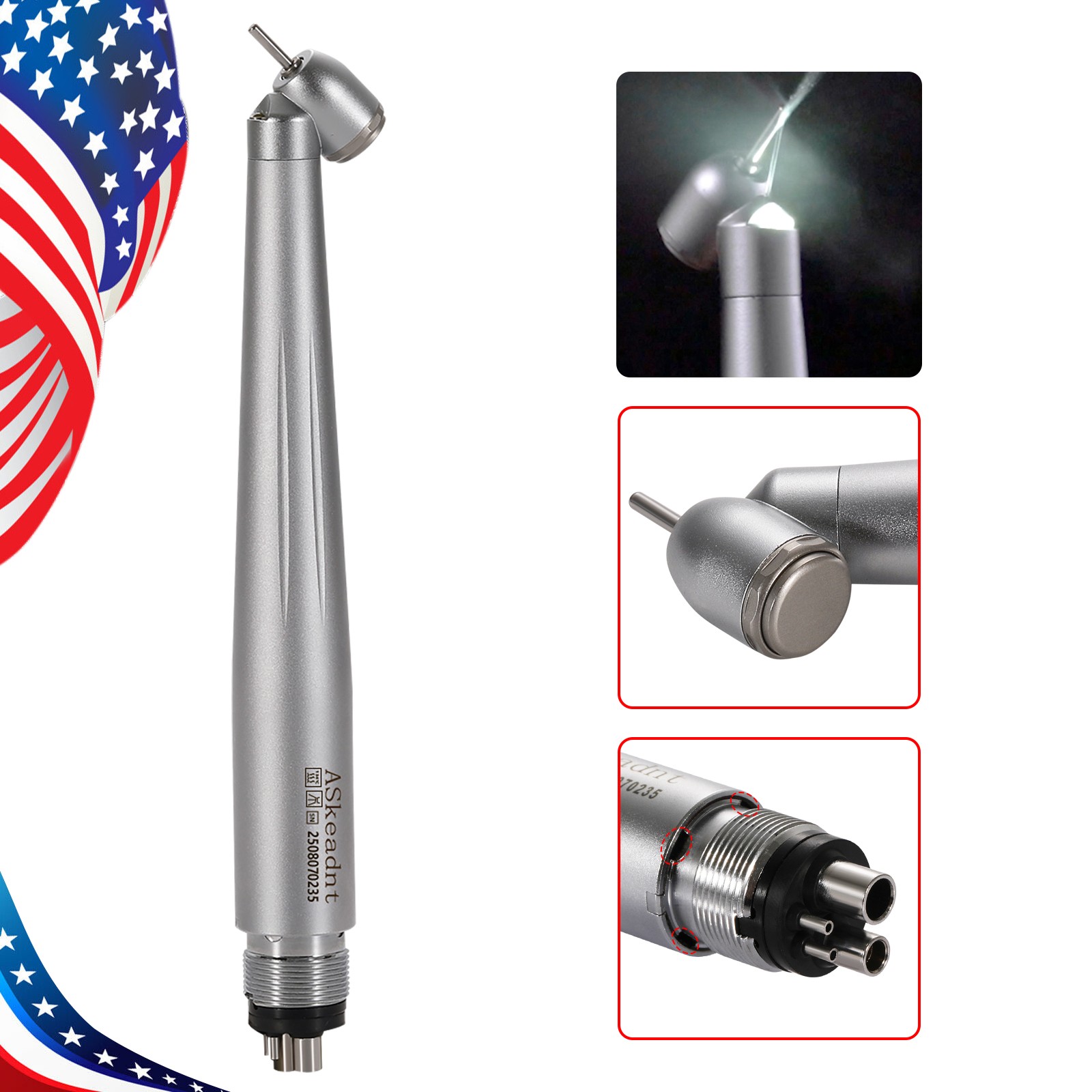 Dental 45 Degree 45° Angle LED E-generator High Speed Handpiece 4 holes ASkeadnt