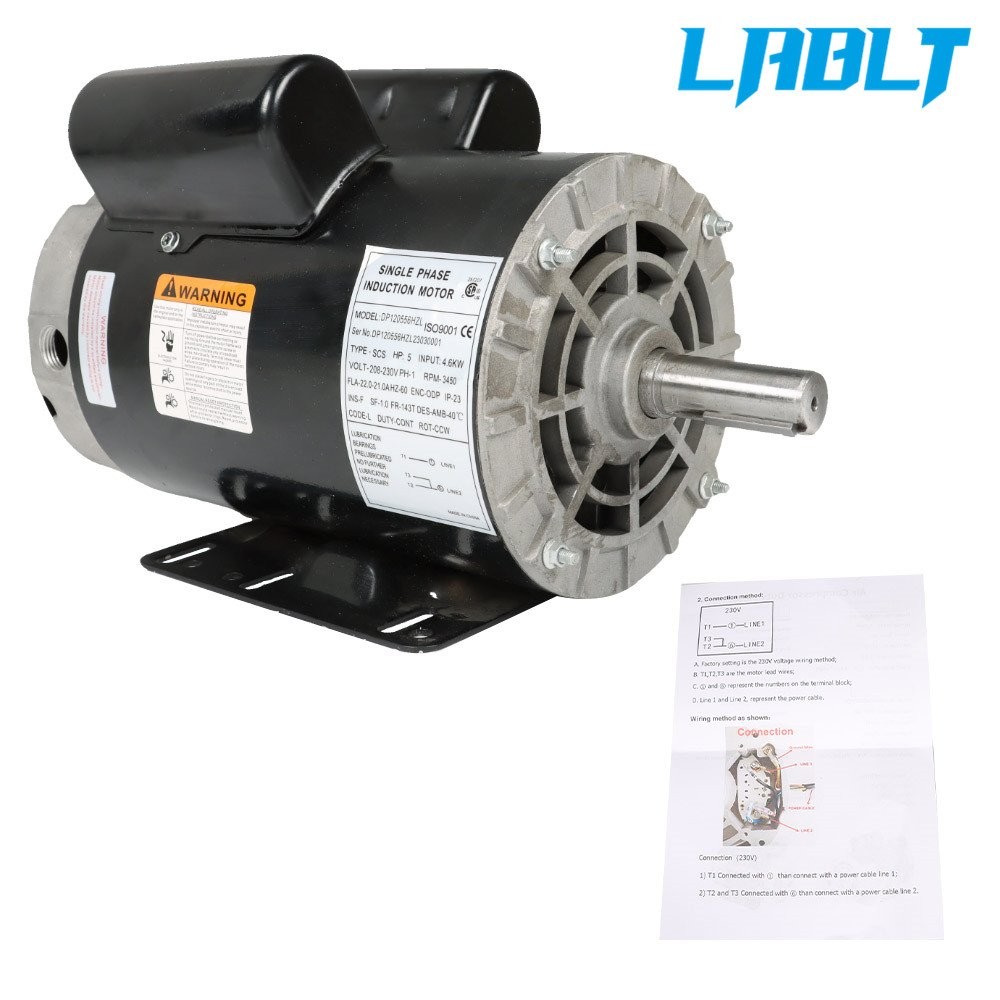 LABLT 5 HP Electric Motor Single Phase 230 V 3450 RPM 56 HZ ODP 7/8”Shaft