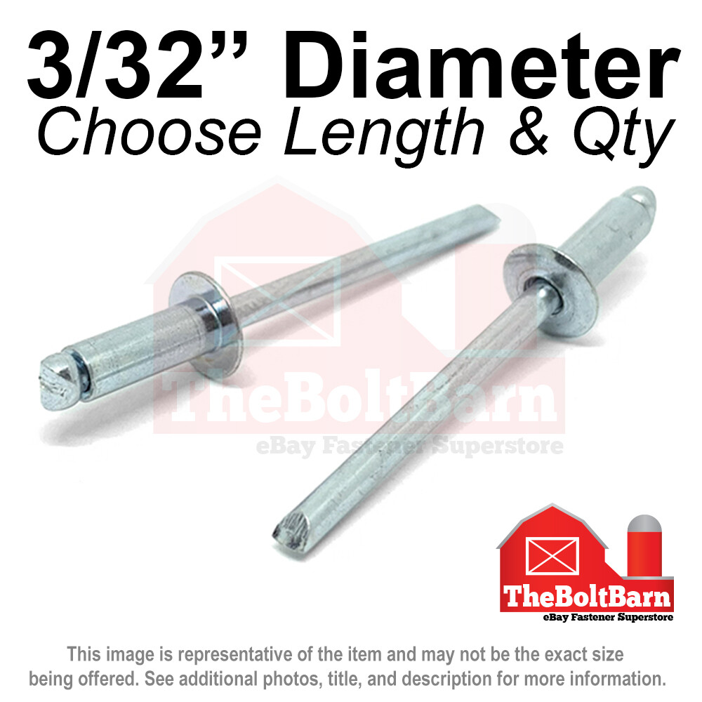 3/32″ Dome Head Blind Pop Rivets Steel/Steel Mandrel Zinc (Pick Length &Qty)
