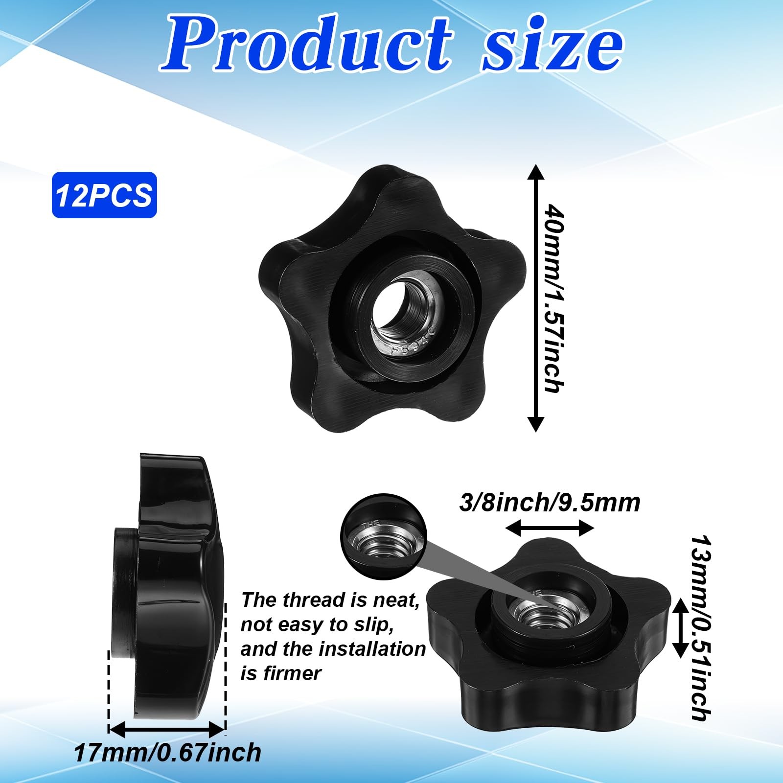 12 PCS Star Knob 3/816 6Star Female Thread Black T Track Jig 0.375/9.5mm