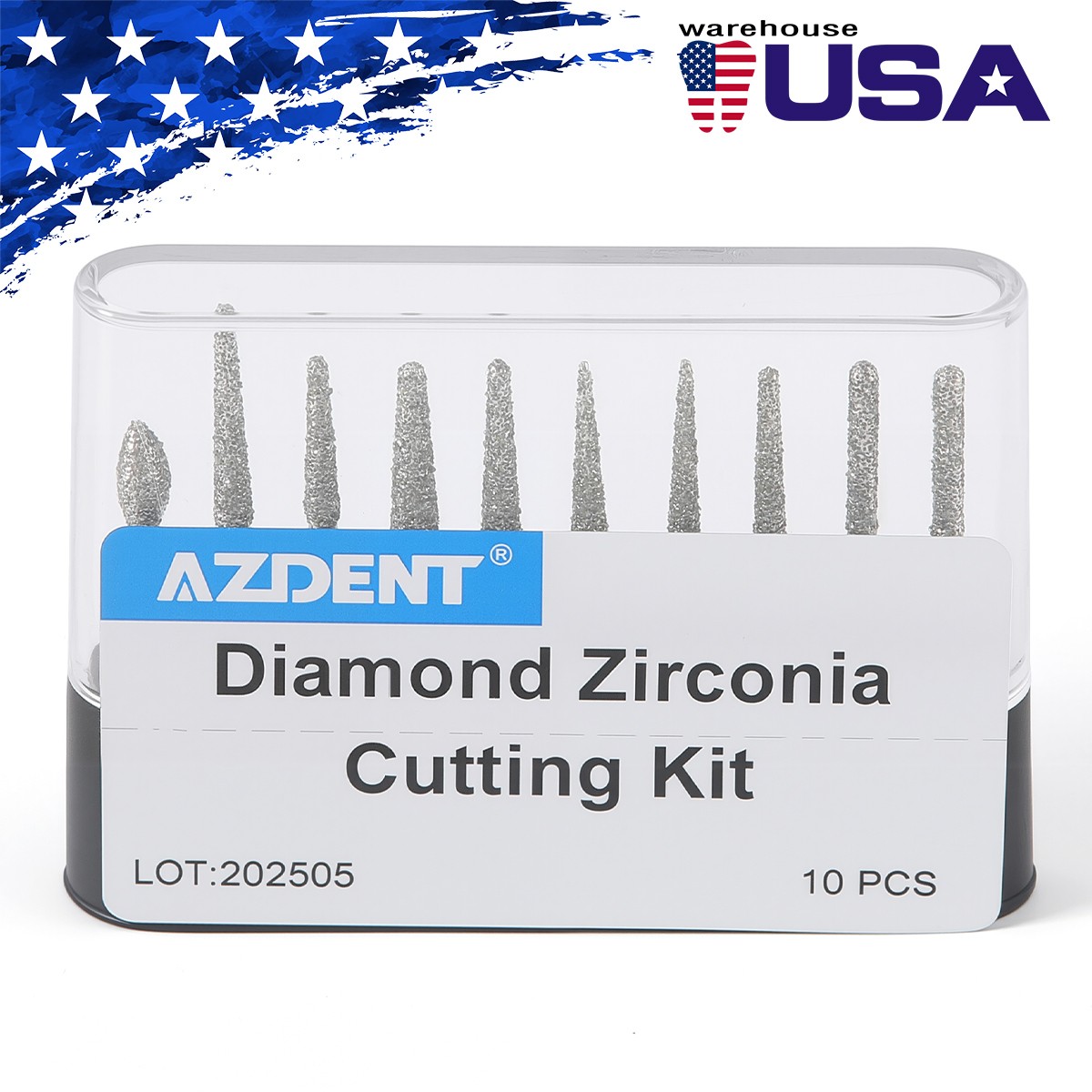 10Pc AZDENT Dental Diamond Zirconia Cutting Burs Kit Friction Grip Burs FG 1.6mm