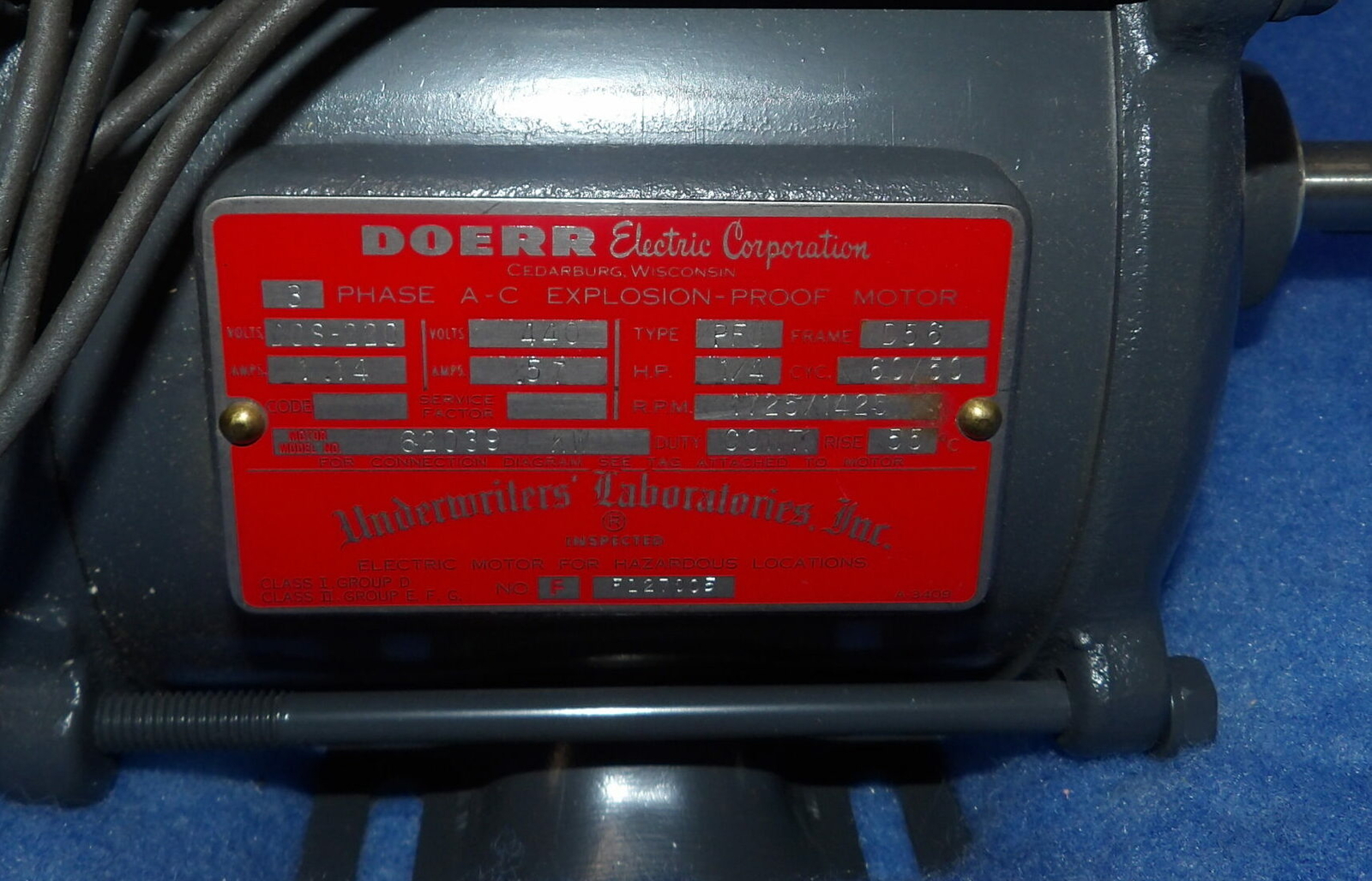 NIB DOERR EXPLOSION PROOF MOTOR 62039 KW 1/4HP 1725/1425RPM 208-220/440V 3PH FRA