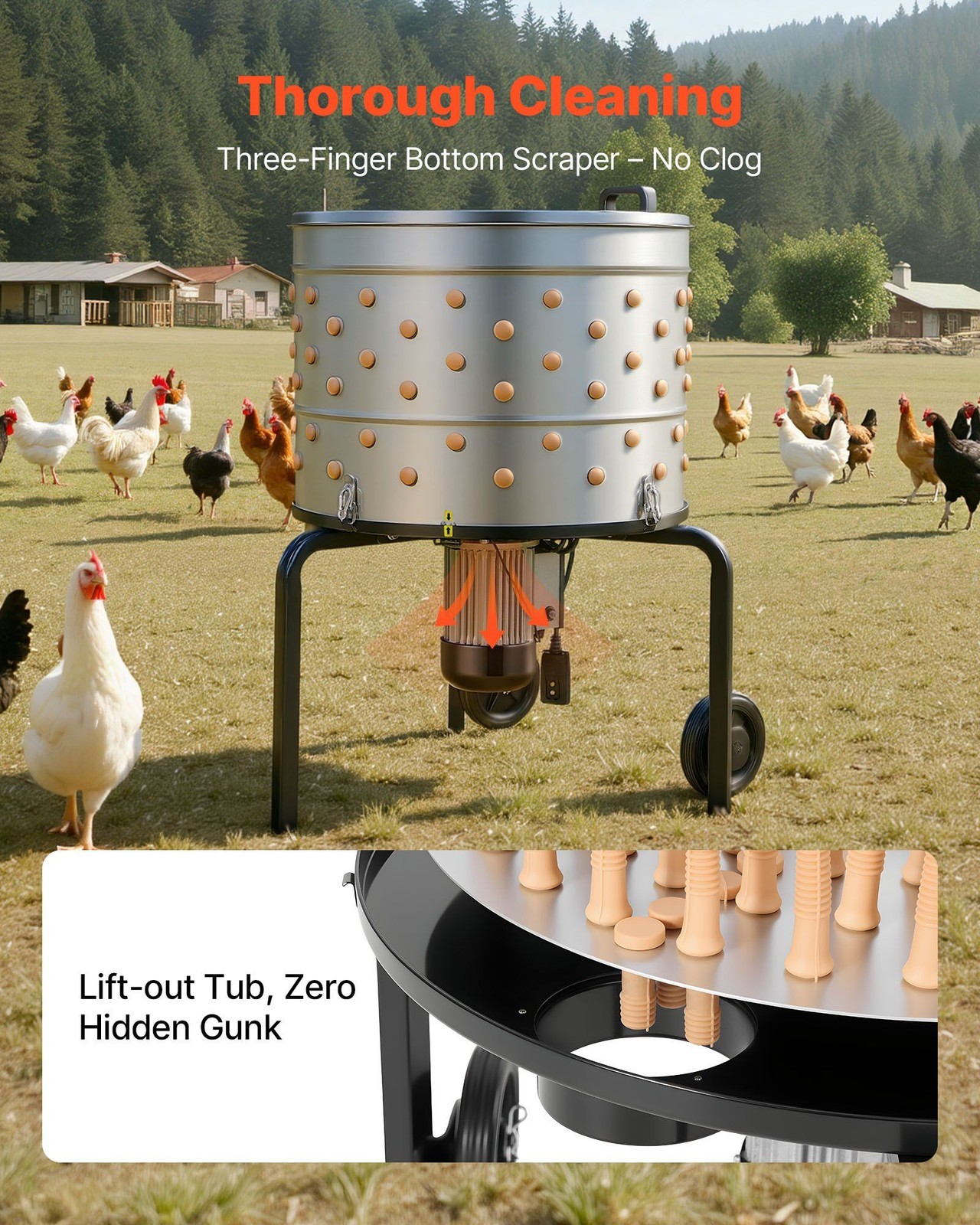 Electric Chicken Plucker 25.6in 1200W 275RPM 158 Soft Fingers SS