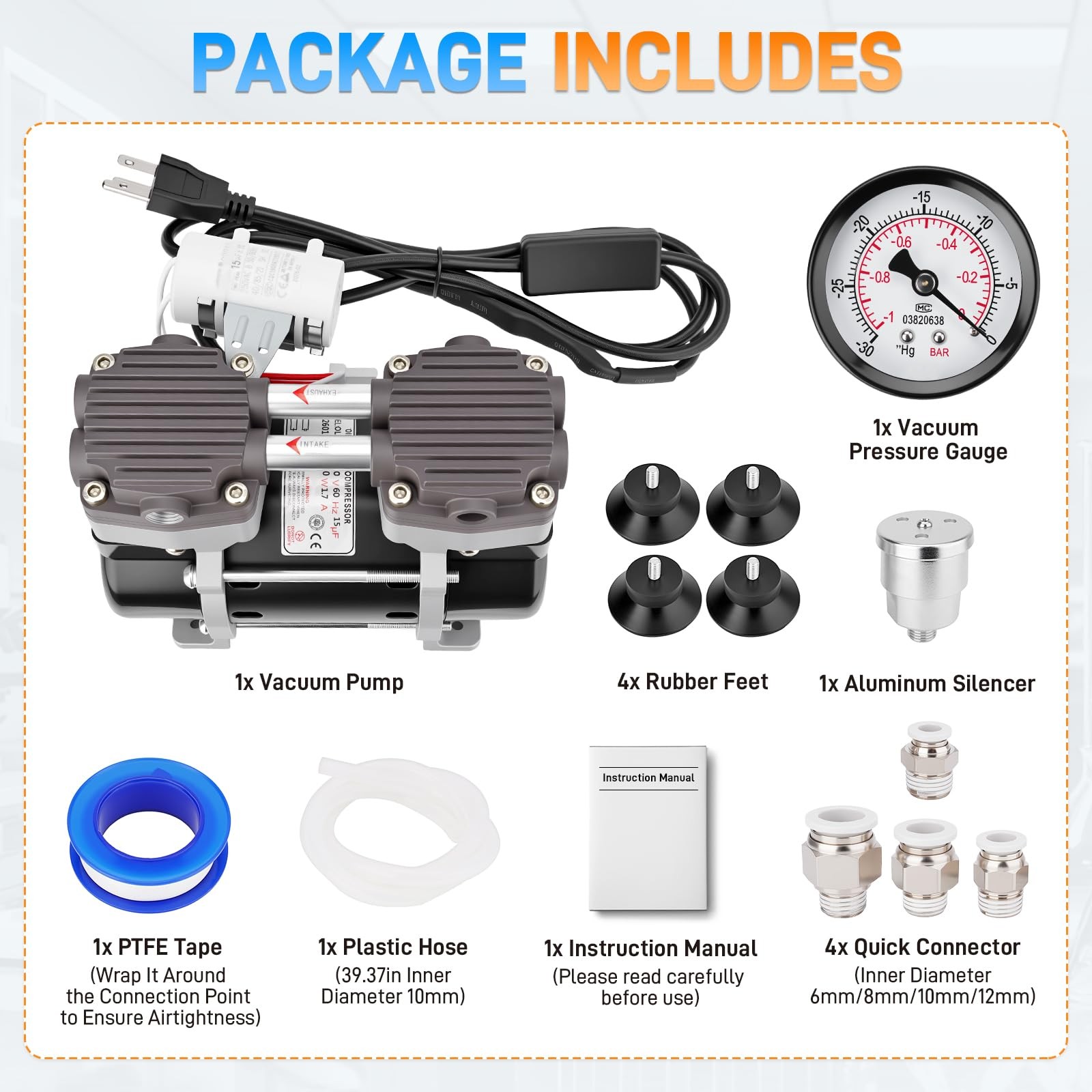 Lab Vacuum Pump Oilless Vacuum Pump 180W 50L/Min w/ Pressure Gauge,Silencer