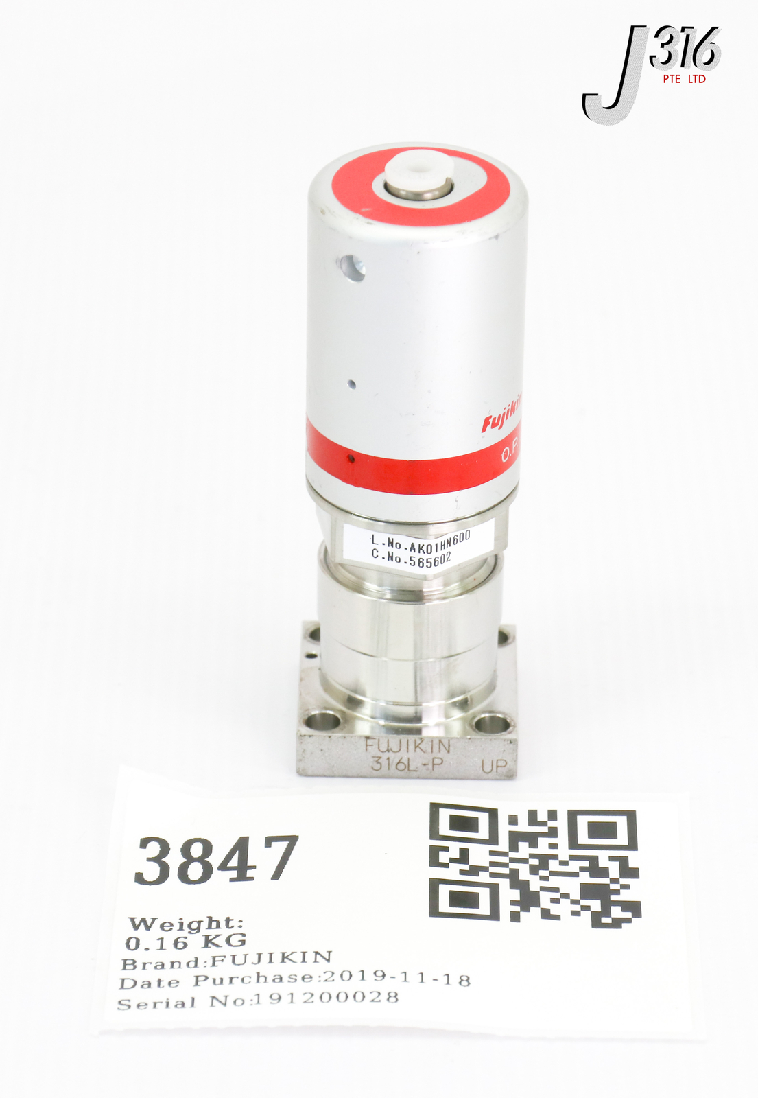 L3847 (LOT OF 100) FUJIKIN DIAPHRAGM VALVE, TYPE N.C., O.P. 0.5~0.6MPA 565602