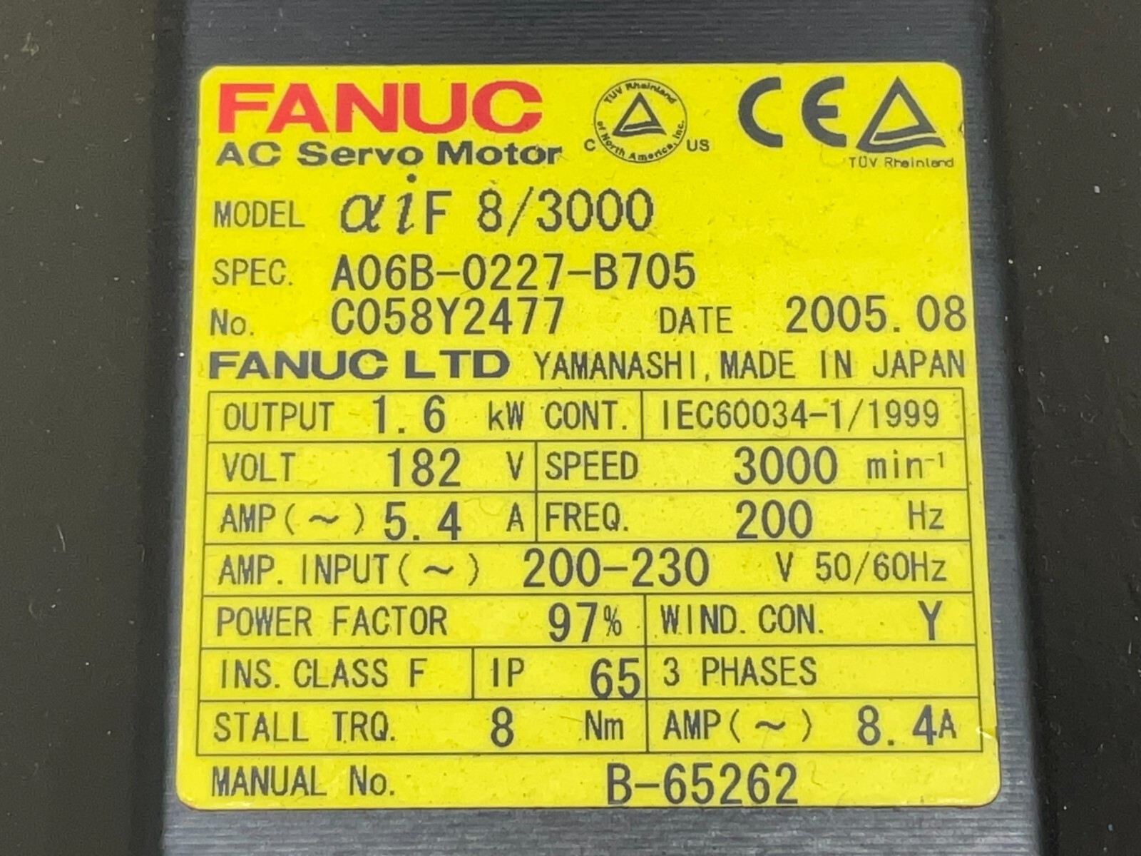 Fanuc A06B-0227-B705 aiF 8/3000 AC Servo Motor 182 V 1.6 kW A06B0227B705 A06B