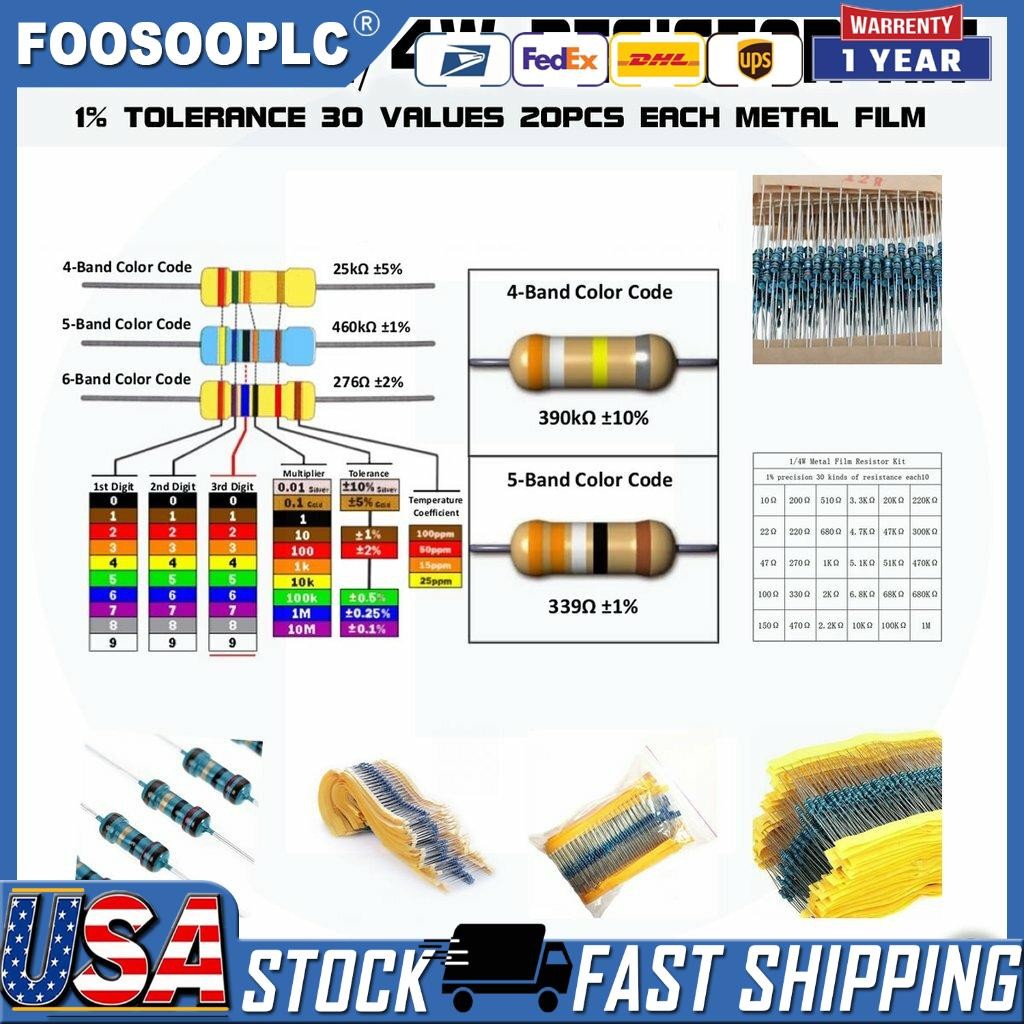600pcs 30 Values 1/4W Metal Film Resistors Resistance Assortment Kit Set 1% USA