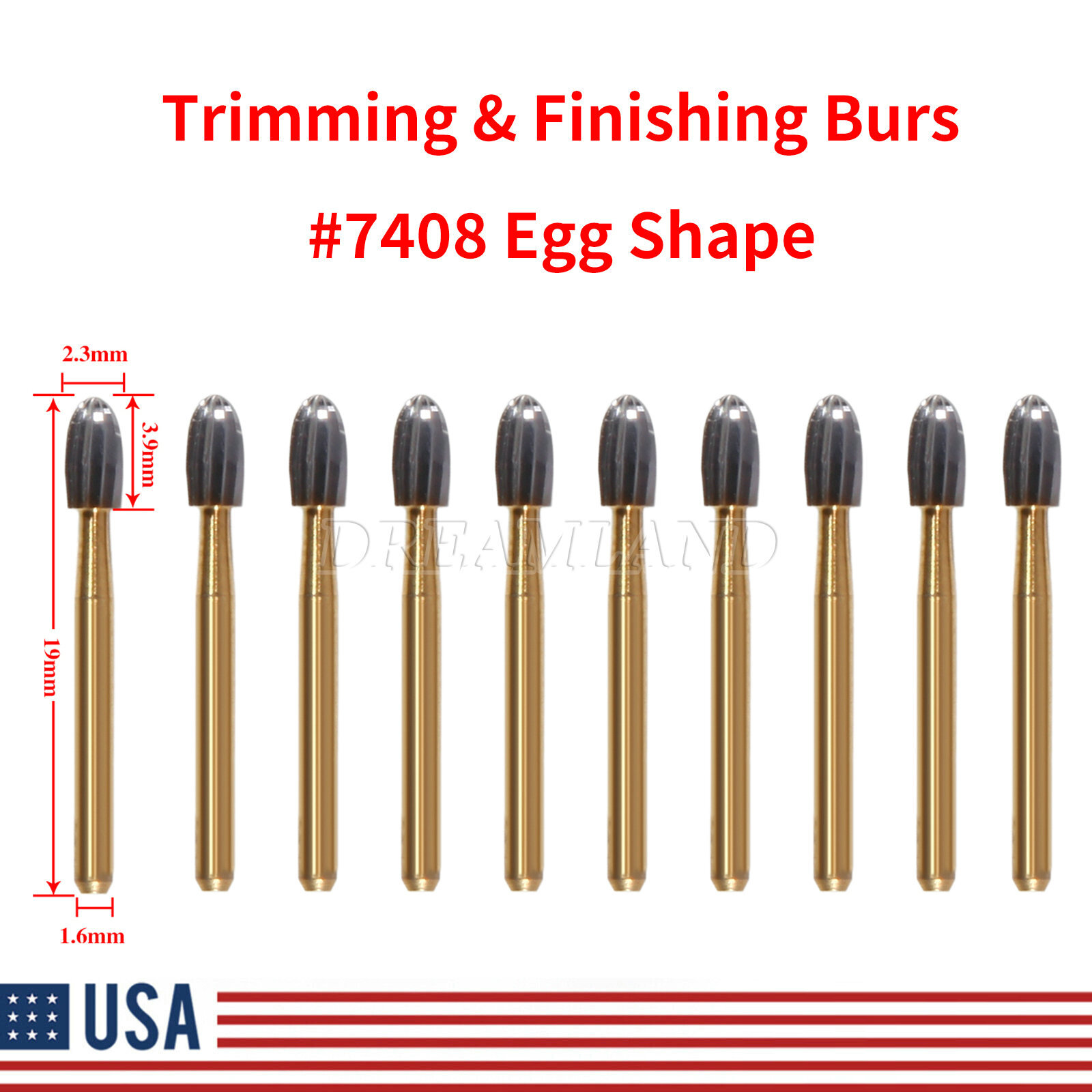 10Pcs Dental Tungsten Carbide Burs Trimming & Finishing Egg Football Bur FG 7408
