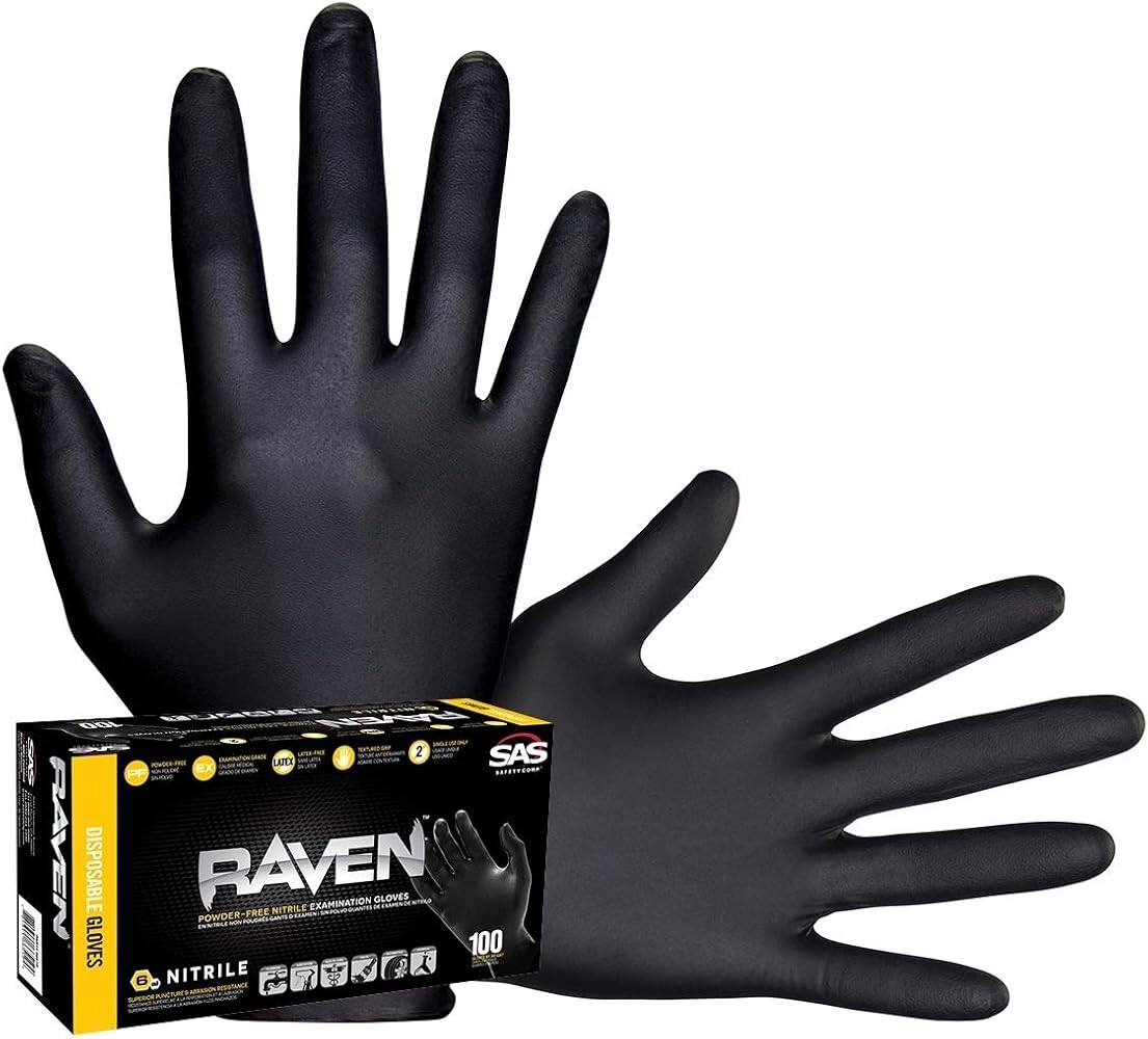 SAS Raven Black Nitrile Gloves Powder Free 7mil Version S-2XL (10/Boxes of 100)