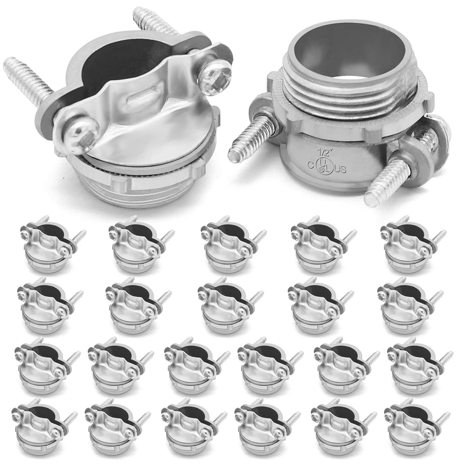 24 Pcs 1/2 Inch Clamp Type Cable Connectors for Metallic Conduit Silver-Zinc