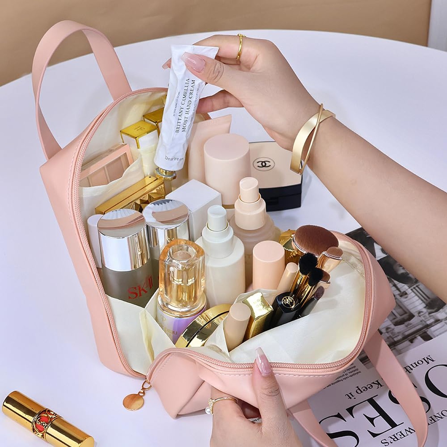 Travel Makeup Bag,Travel Cosmetic Bags, Waterproof Cosmetic Bag, PU Leather H…