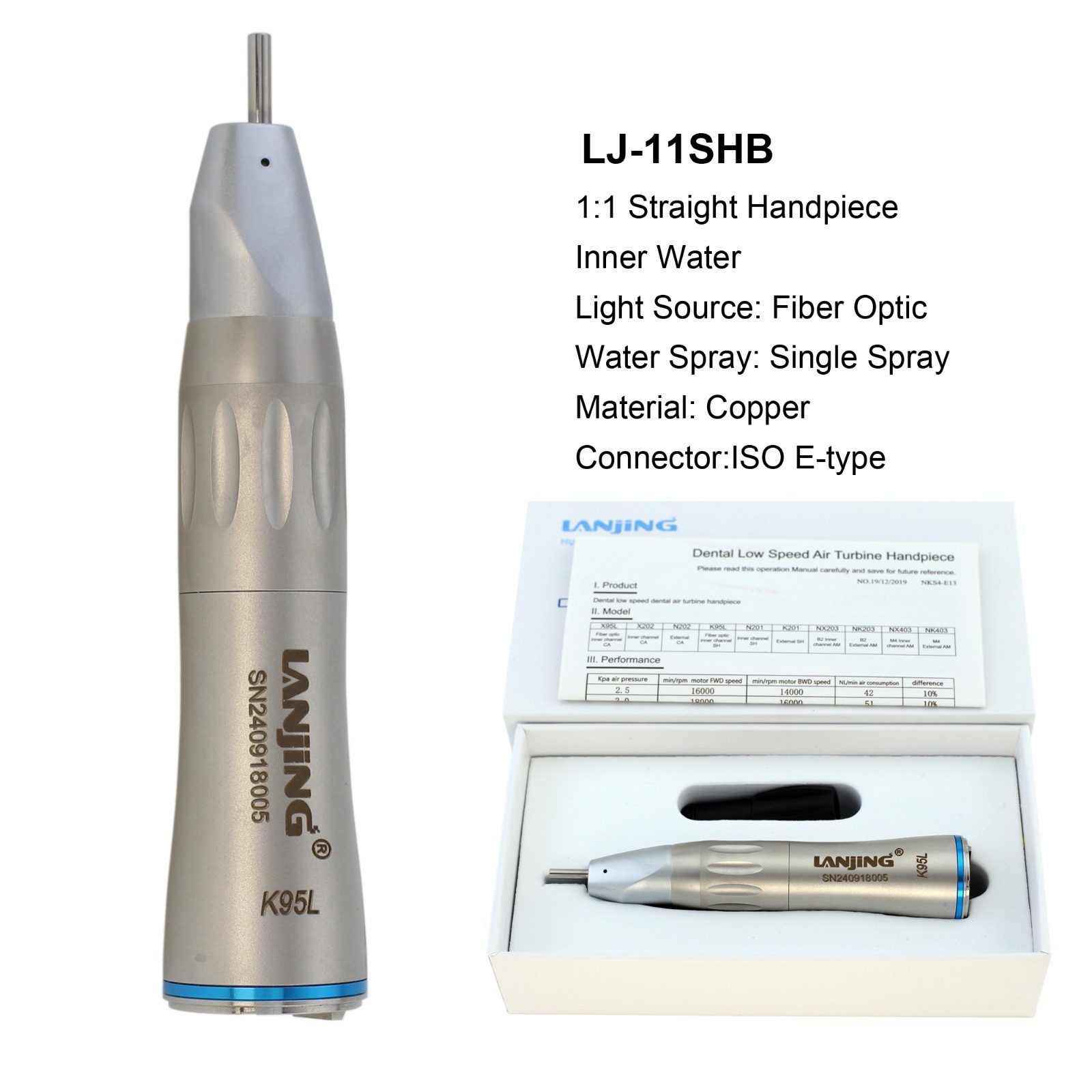 Dental 1:1 Electric LED Straight Fiber Optic Handpiece Low Speed NSK ISO E type