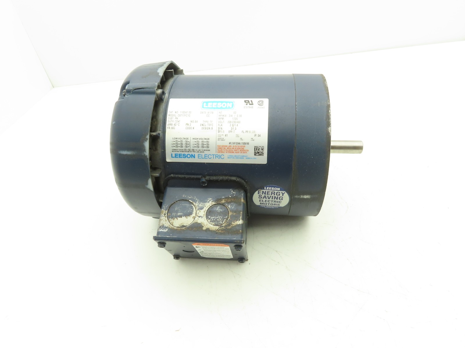 Leeson C6T17FC1G AC Motor 3/4Hp 1725RPM 208-230/460 3Ph 56C TEFC