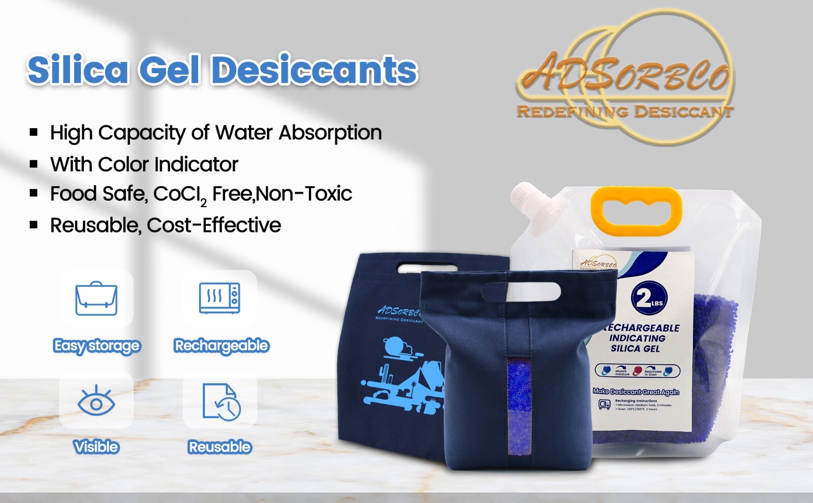 Adsorbco 2 lb Blue Silica Gel Packets with a Hook and Loop Canvas Bags