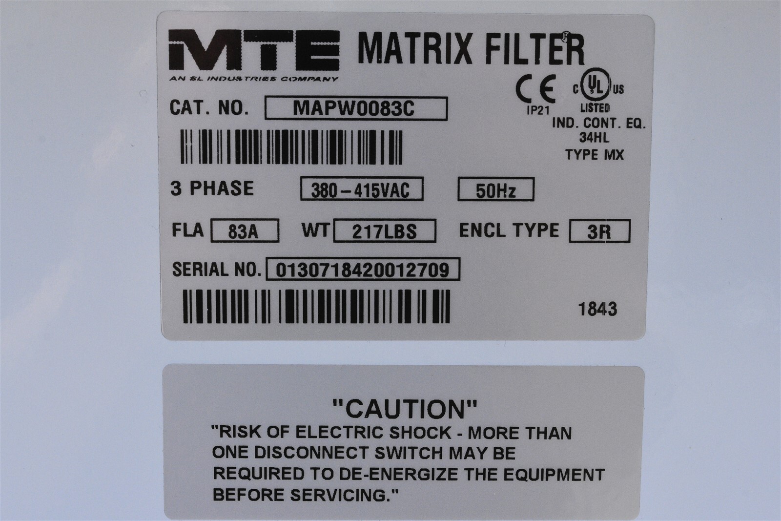 MTE 3-Ph. Matrix AP Passive Harmonic Filter NEMA 3R 400V 50Hz 83A MAPW0083C NEW!