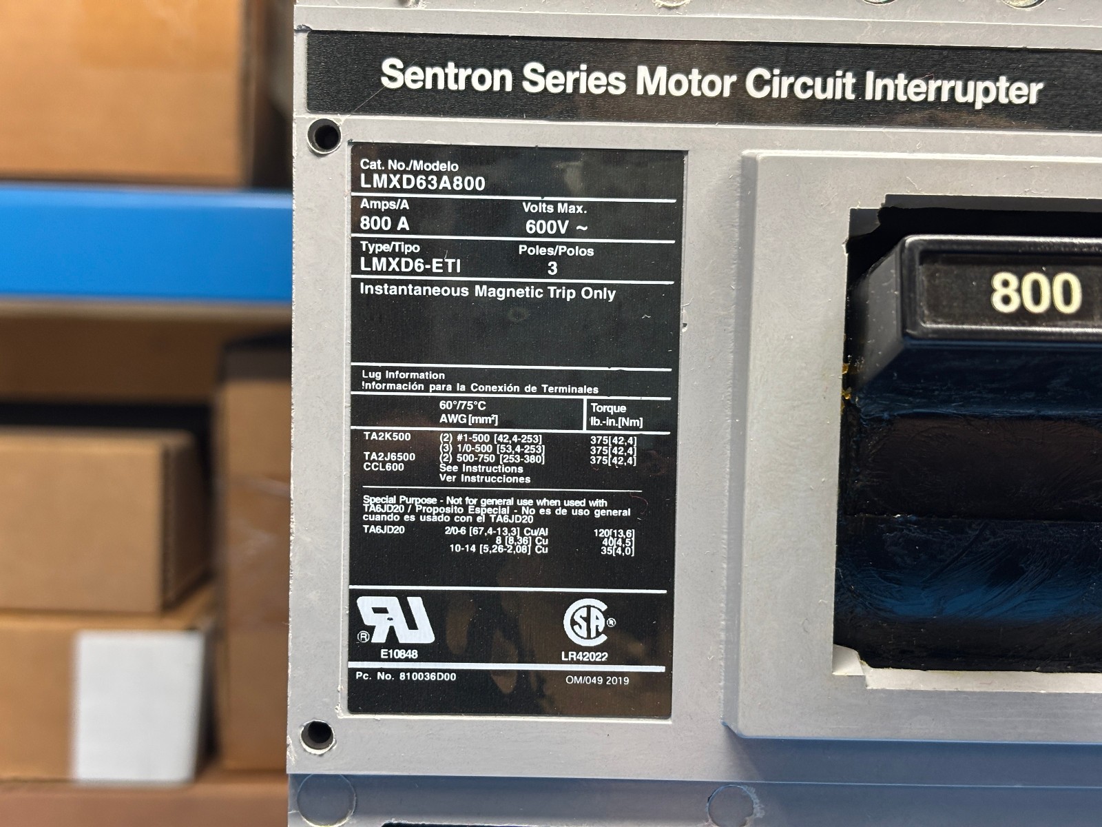 Siemens LMXD63A800 Sentron Breaker 800 AMP, 3-Pole, 600 V – NEW NO BOX