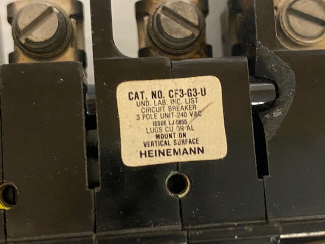 HEINEMANN CIRCUIT BREAKER CF3-G3-U 70 AMPS 240 VOLTS 3 POLE