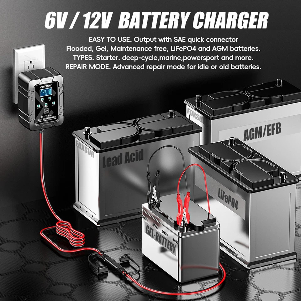 FOXSUR 1.5A 6V/12V Battery Charger Maintainer for Car Motorcycle AGM