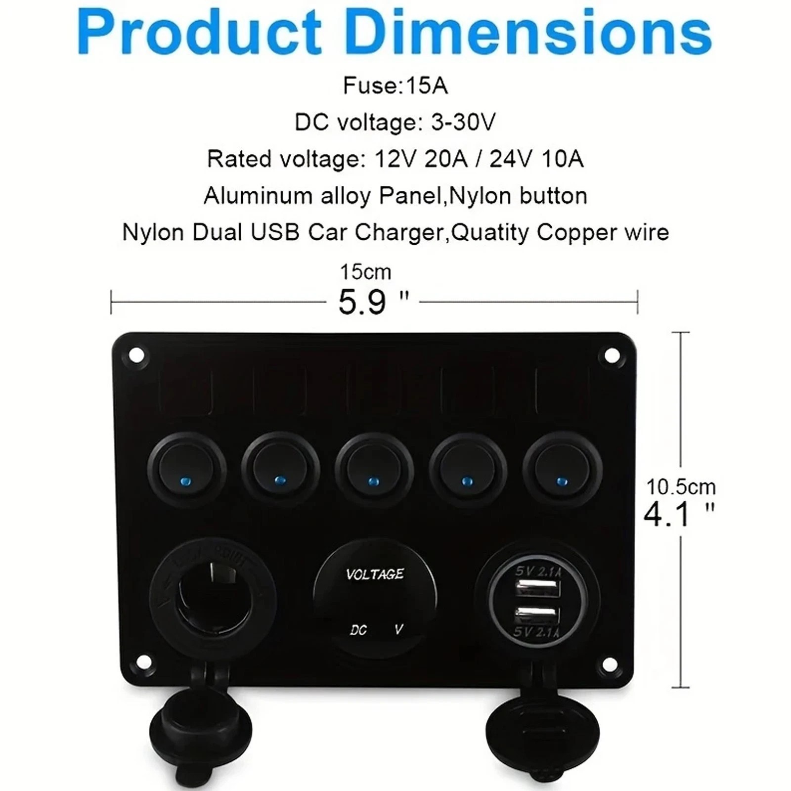 5 Gang Rocker Switch Panel Dual USB Charger Voltmeter 12V Outlet for RVs Boats