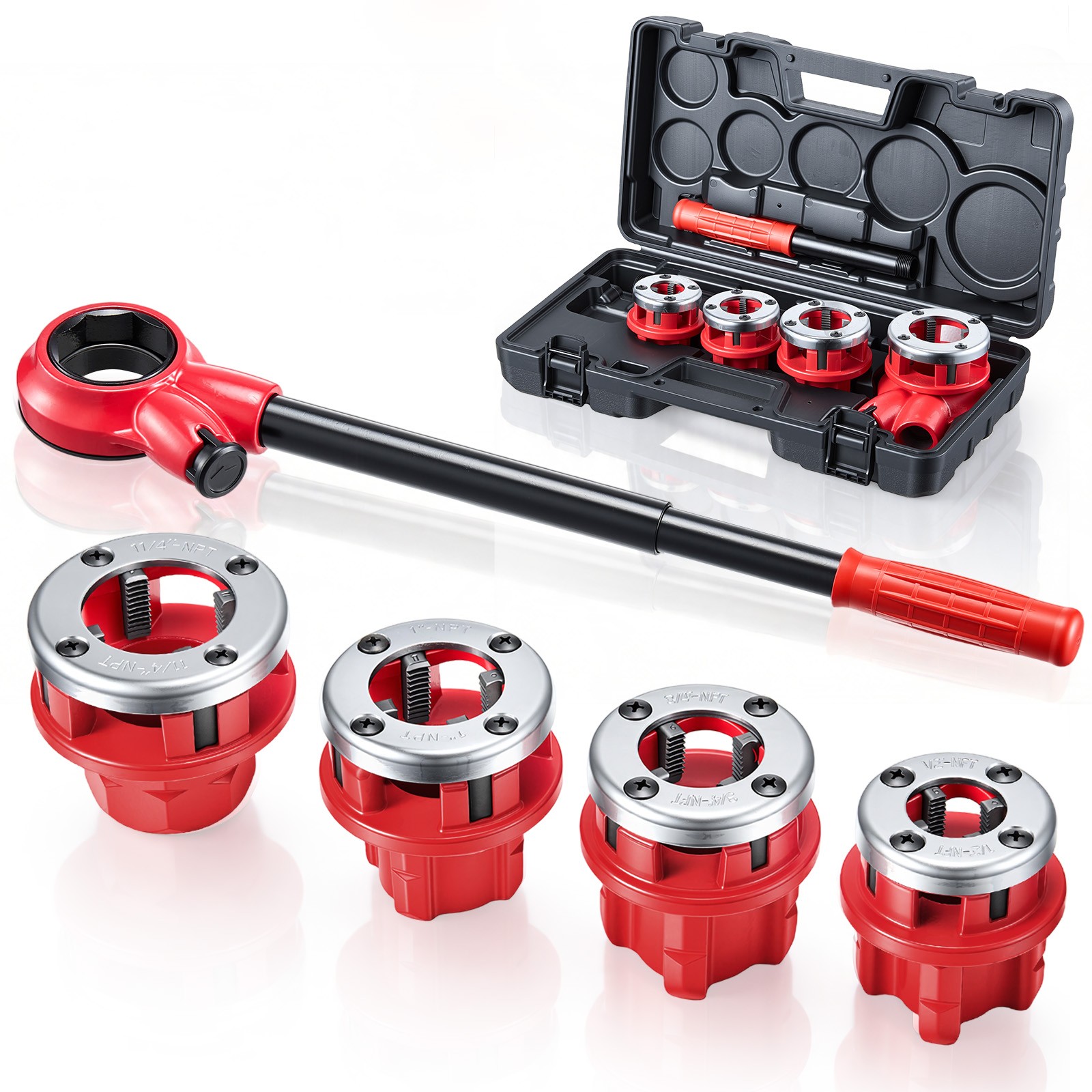 VEVOR Ratchet Pipe Threader Kit Pipes Threader with 1/2″ 3/4″ 1″ 1-1/4″ NPT Dies