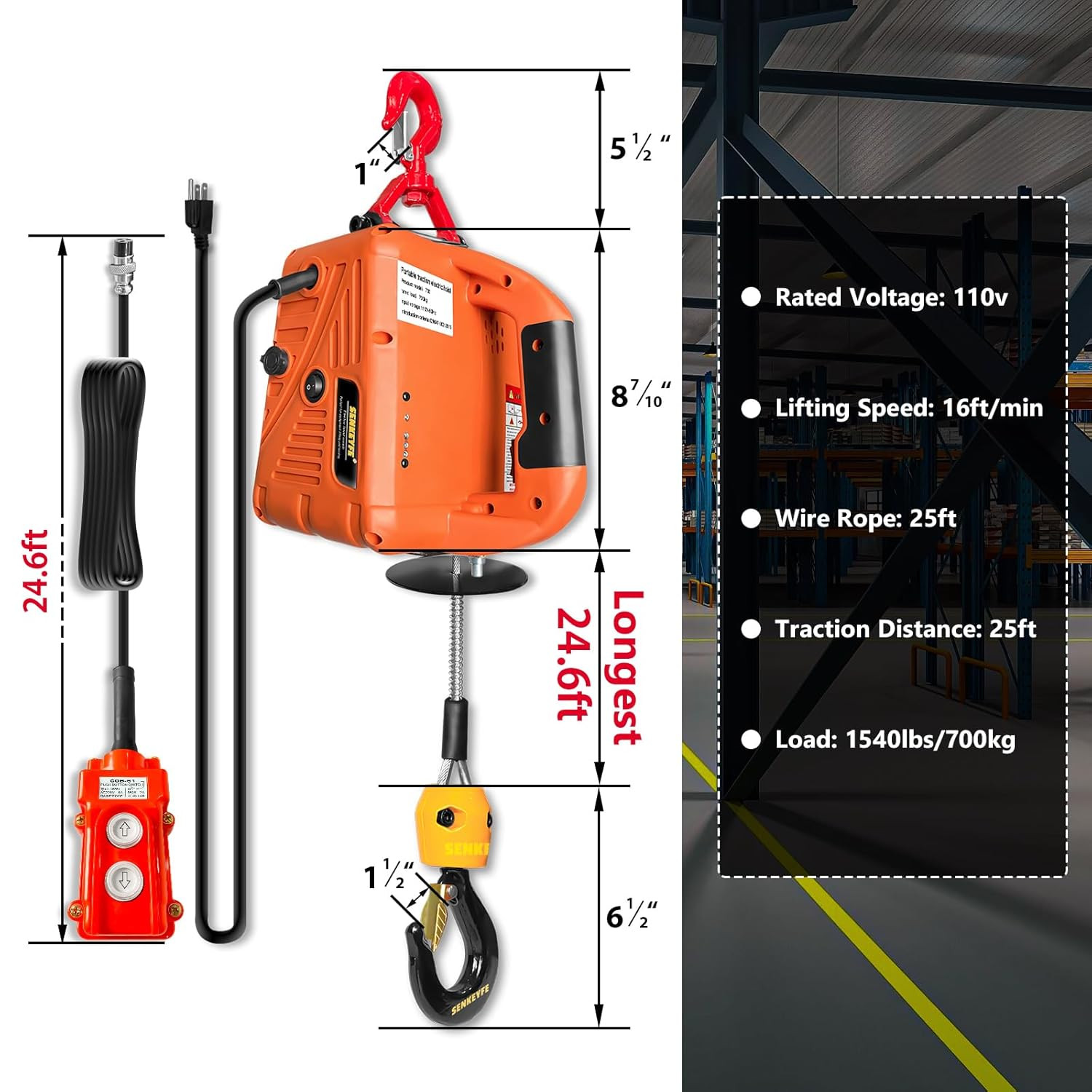 Power Electric Portable Hoist Winch 1500LBS, 3 in 1 Electric Cable Hoist 110V 25