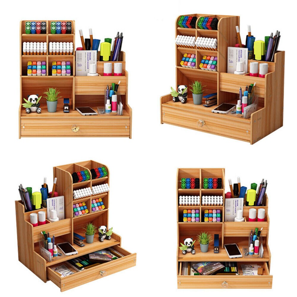 Multi-Level Wood Organization Rack Pencil Brush & Supply Holder Makeup Case