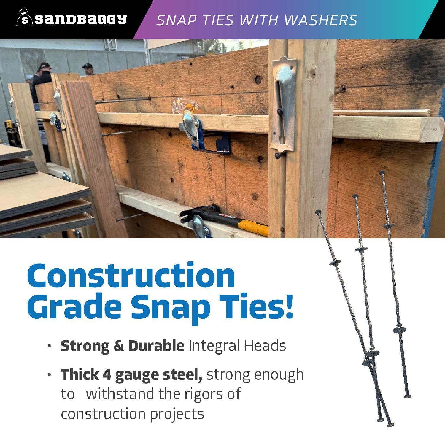 Sandbaggy 8″ x 4 ¾” Standard Snap Ties With 1″ Steel Washers (Short End)