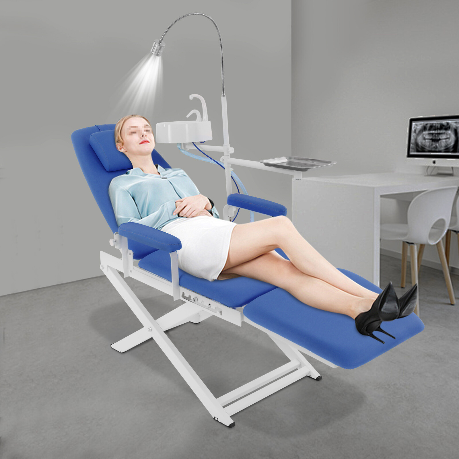 Portable Dental Chair Folding Mobile Chair Tilt Bed with LED Light & Waste Basin
