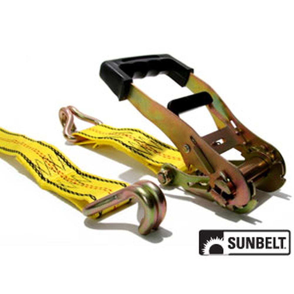 B1310701 27′ X 2″ Ratchet, Yellow Webbing, Large Bar Handle, Double J Hooks, Cut