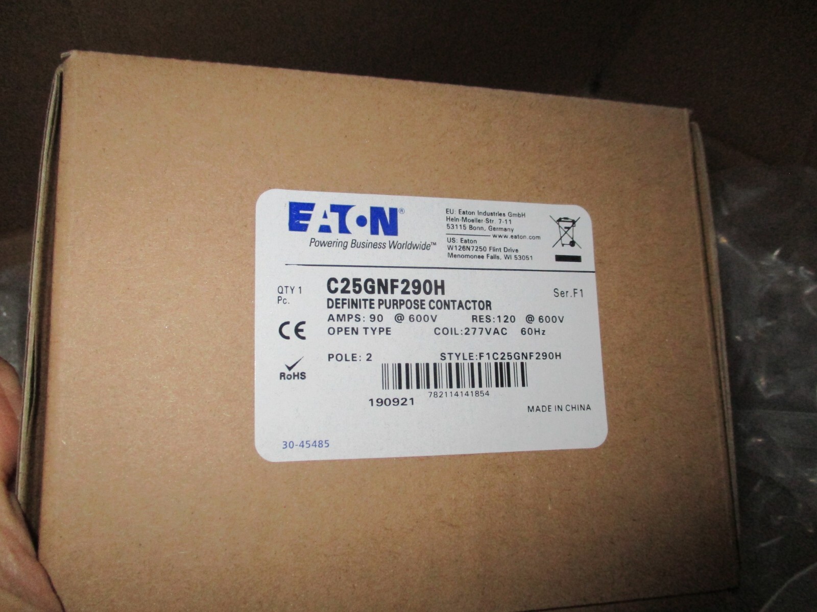 Eaton C25GNF290H Definite Purpose Contactor 2P 90A 600V, 277V Coil New in Box