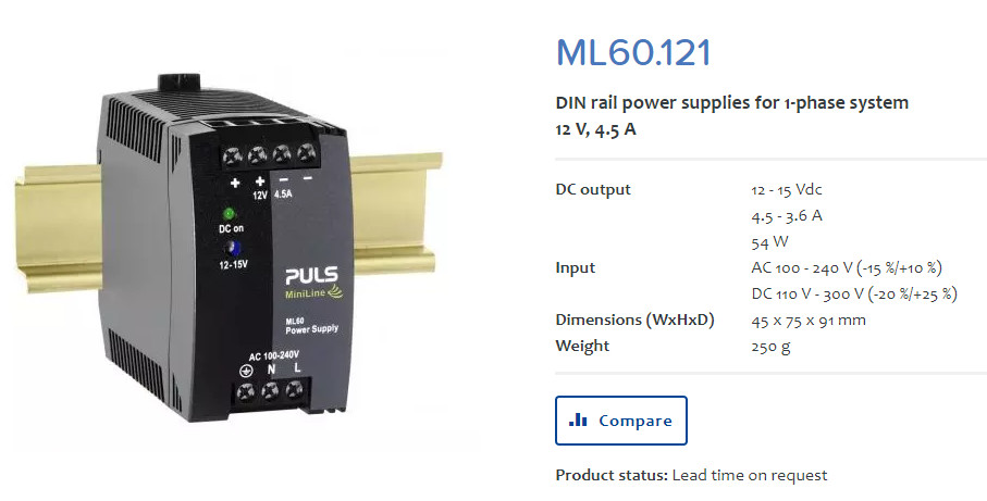 Puls Ml60.121 Dc Power Supply,Plastic,12 To 15Vdc,54W
