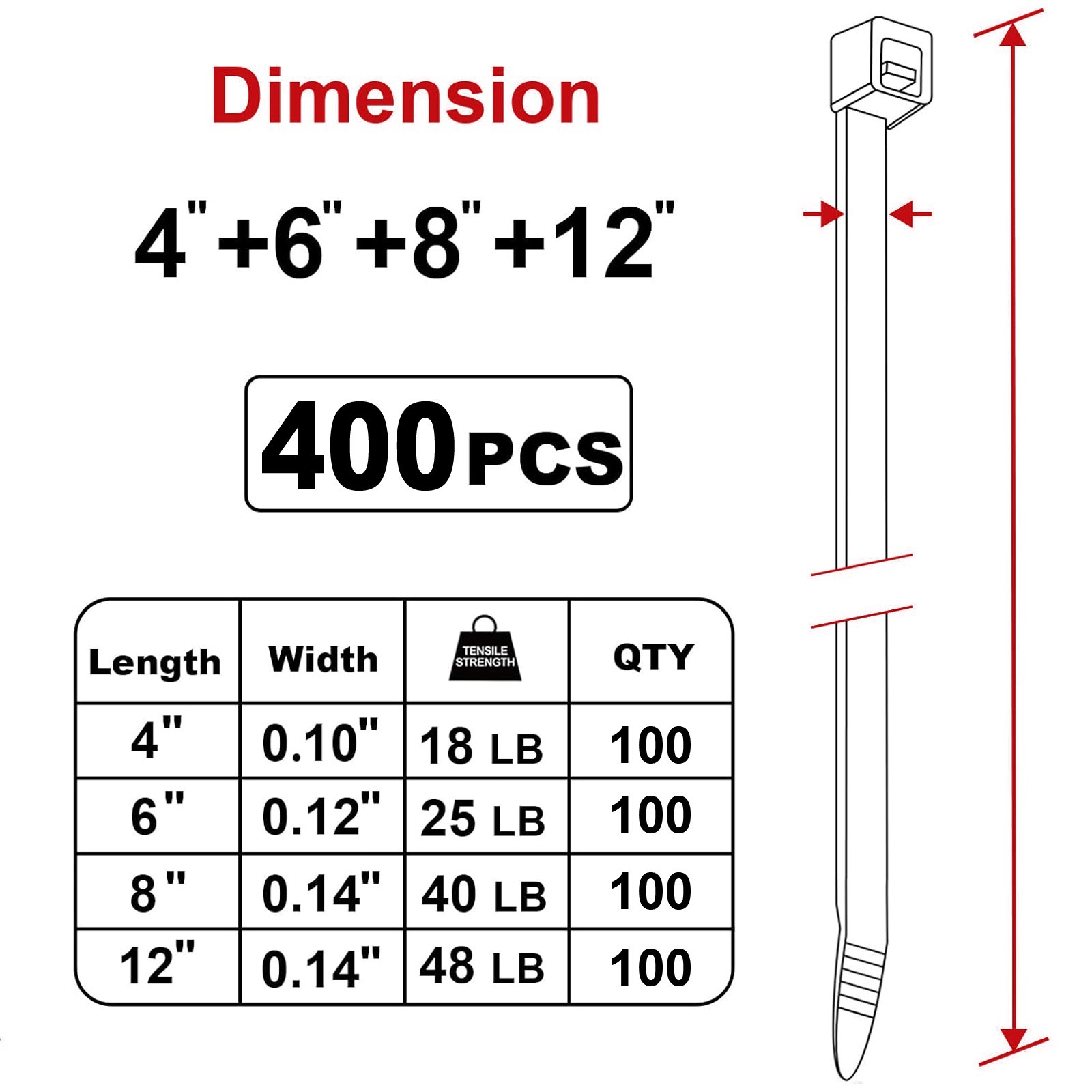 Zip Cable Ties Assorted Sizes(4”+6”+8”+12”) Heavy Duty Nylon Black UV Resistant*